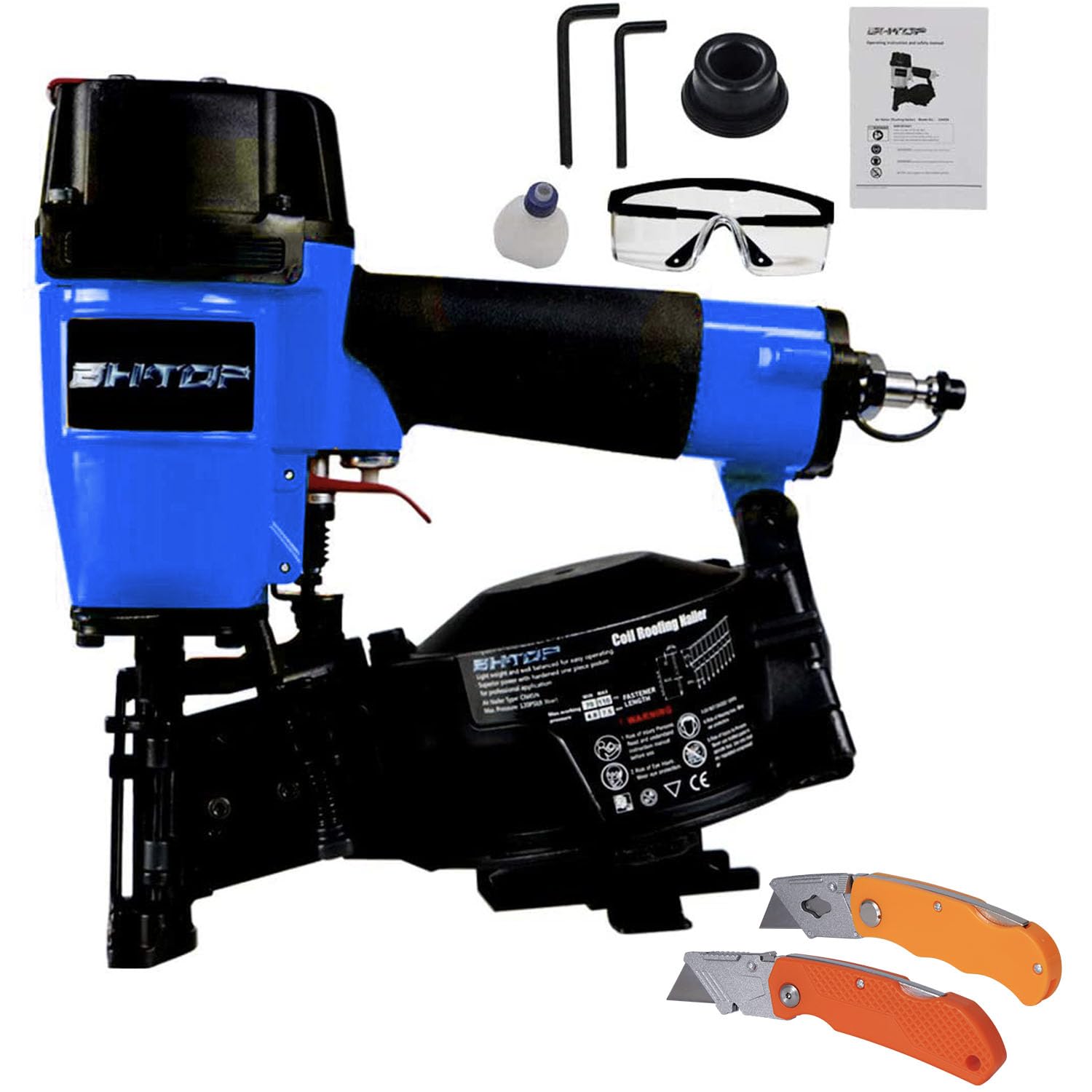 BHTOP CN45N Roofing Nailer with Roofing Knive, 15 Degree Roofing Nail Gun, 3/4-Inch to 1-3/4-Inch Coil Nails, 120-pcs Load Capacity Coil Nailer in Blue