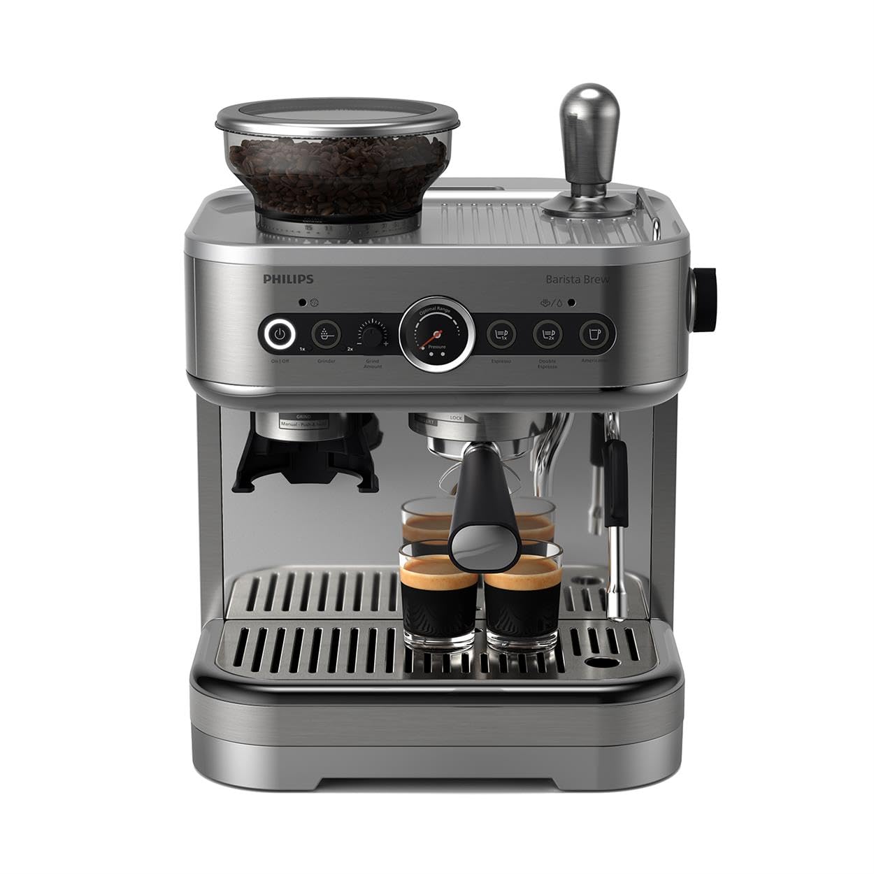 PHILIPS Barista Brew Semi Automatic Espresso Machine - Single & Double Espresso,Americano, 250g Bean Container+Grinder+Milk Jug with temperature indicator,Calibrated Tamping,Metal Silver (PSA3218/01)