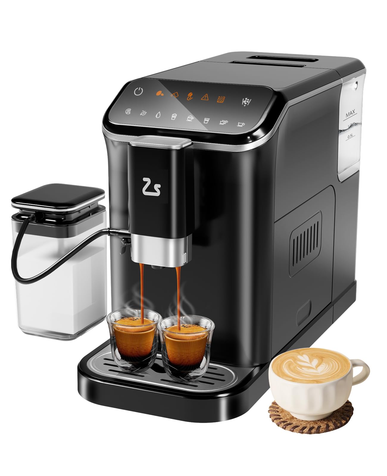 Zstar Fully Automatic Espresso Machine with Automatic Milk Frother, Professional Espresso Maker with Grinder, One-Touch Operation, Auto-Cleaning, 1.5L Water Tank for Latte, Cappuccino, Macchiato