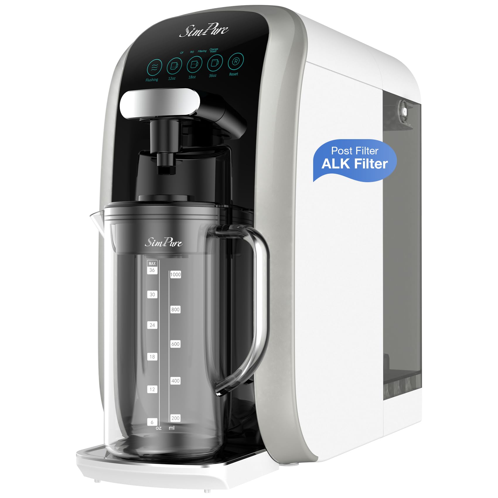 SimPure Y7T-BW-A Countertop Reverse Osmosis Water Filter, NSF/ANSI 58 Certified, 5 Stage RO Water Filtration System with Remineralization pH Balance, Water Purifier with Glass Pitcher, No Installation