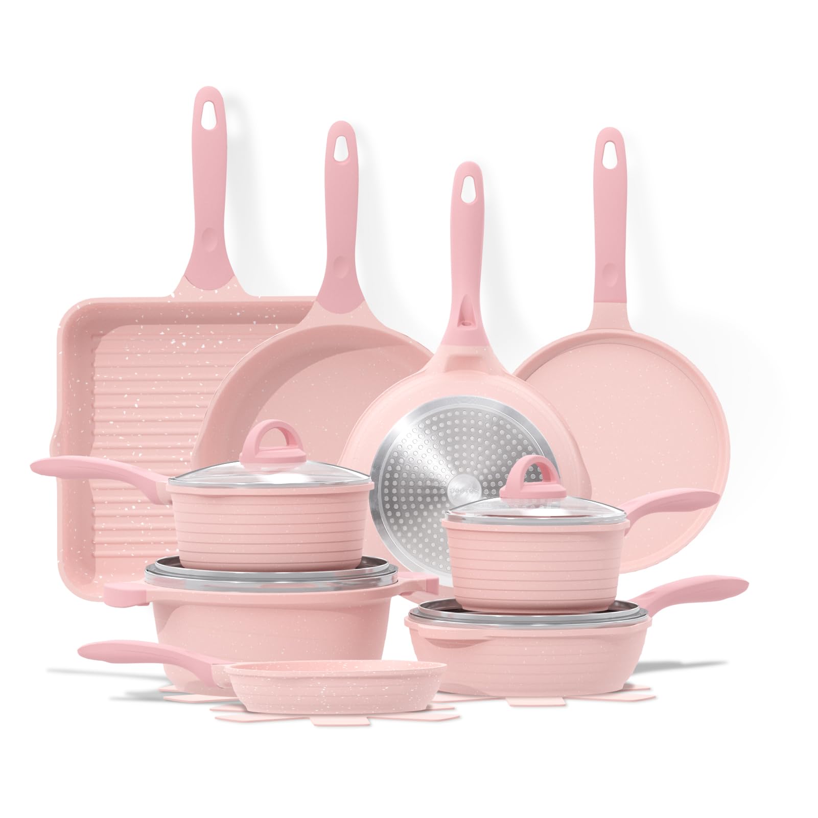 JEETEE Pink Pots and Pans Set Nonstick 23pcs, Healthy Kitchen Cookware Sets, Induction Cooking Set Pink Granite Stone Frying Pans, Saucepans, Sauté Pan, Griddle Pan & Crepe Pan (PFOA Free)