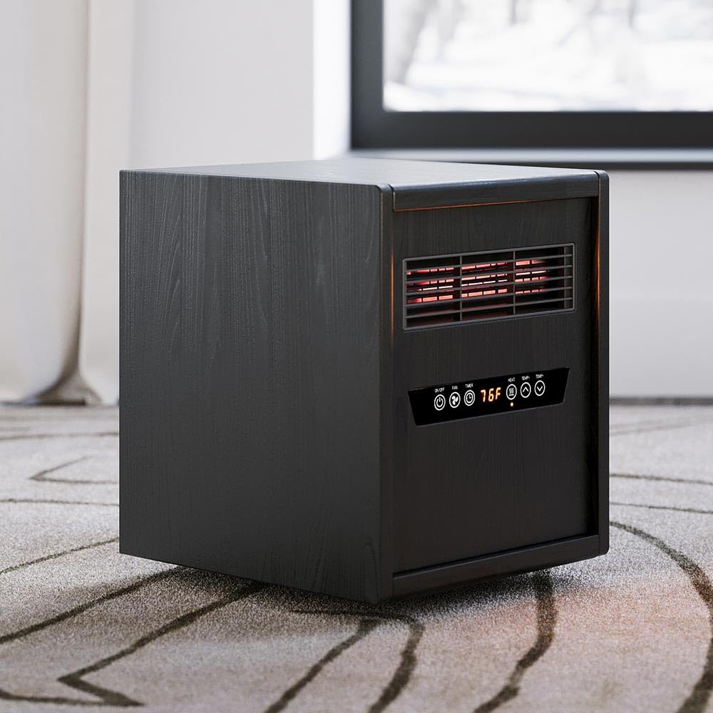 Modern Ember Portable Rolling Infrared Space Heater with LED Touchscreen and Remote Control | 12h Timer | 1500w Quick Heating for Indoor Use | Black Oak Wood
