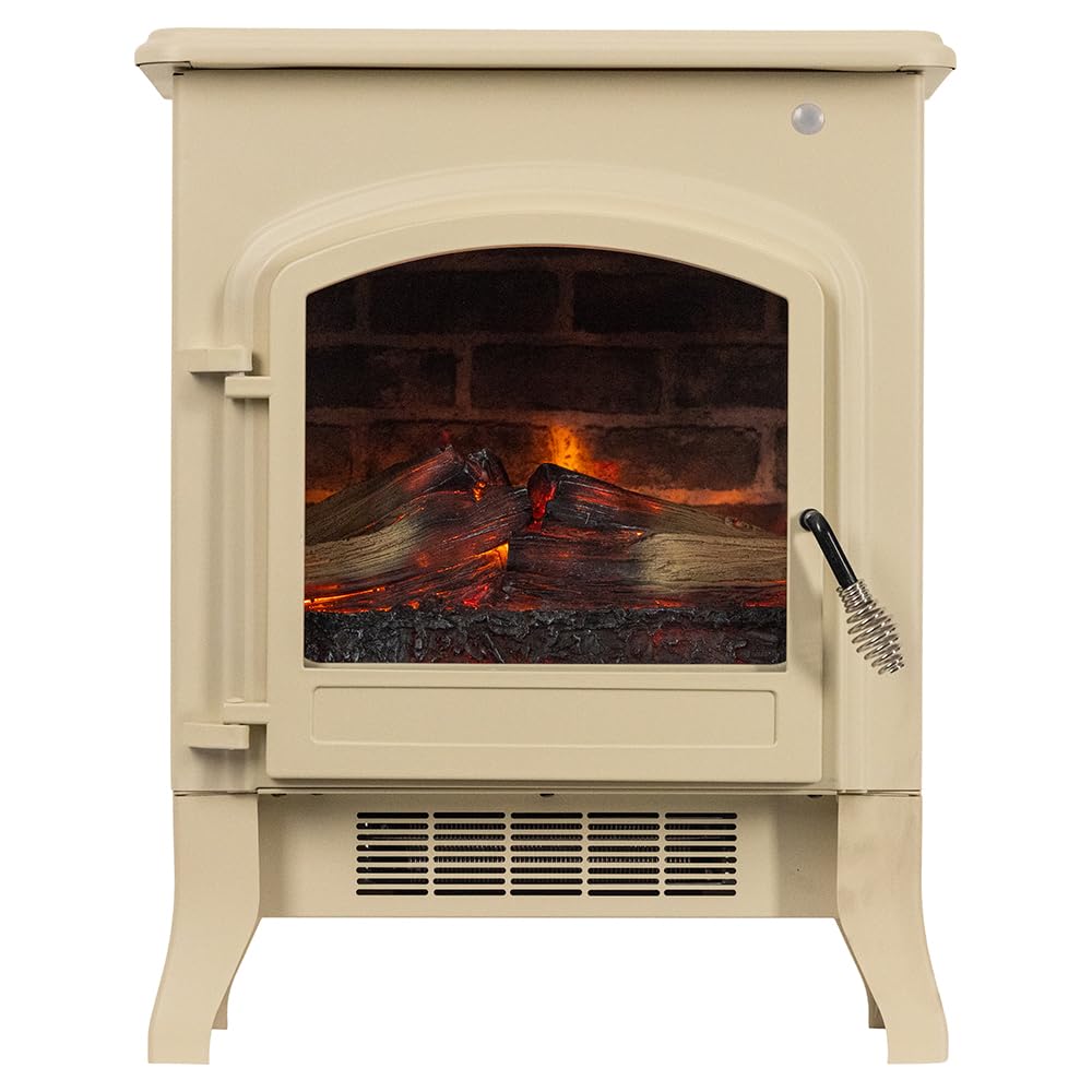 Country Living 18 Inch Infrared Freestanding Electric Fireplace Stove Heater in Cream | Provides Supplemental Zone Heat with Remote Control | Adjustable Flame Colors, Speeds, Brightness | Metal Body