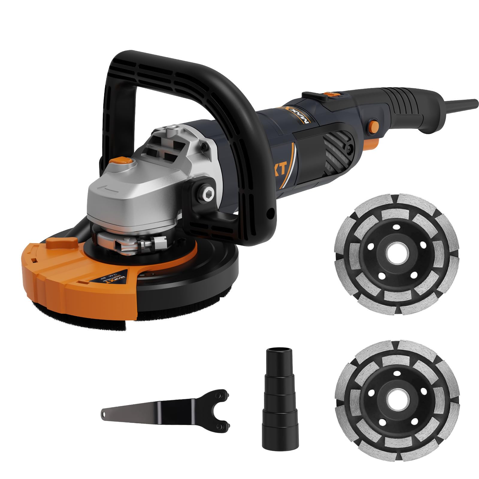 Concrete Surface Grinder Sander 1500W, MAXXT 5 Inch Angle Grinder Set 1000-8500RPM 7 Speed Adjustments, Concrete Sander with Removable Guard for Polishing（Includes 2 Diamond Sanding）