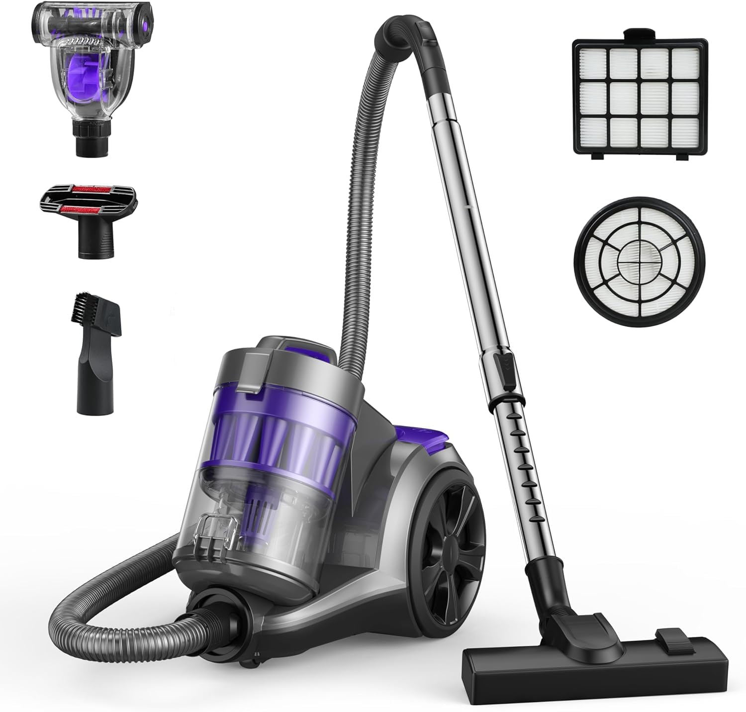 Aspiron Canister Vacuum Cleaner, 1400W Bagless Vacuum Cleaner, Multi-Cyclonic Filtration, 2 Anti-Allergen HEPA Filters, 3.5QT Dust Cup, 4 Tools, Corded Vacuum for Hard Floor, Carpets, Pet Hair, Purple