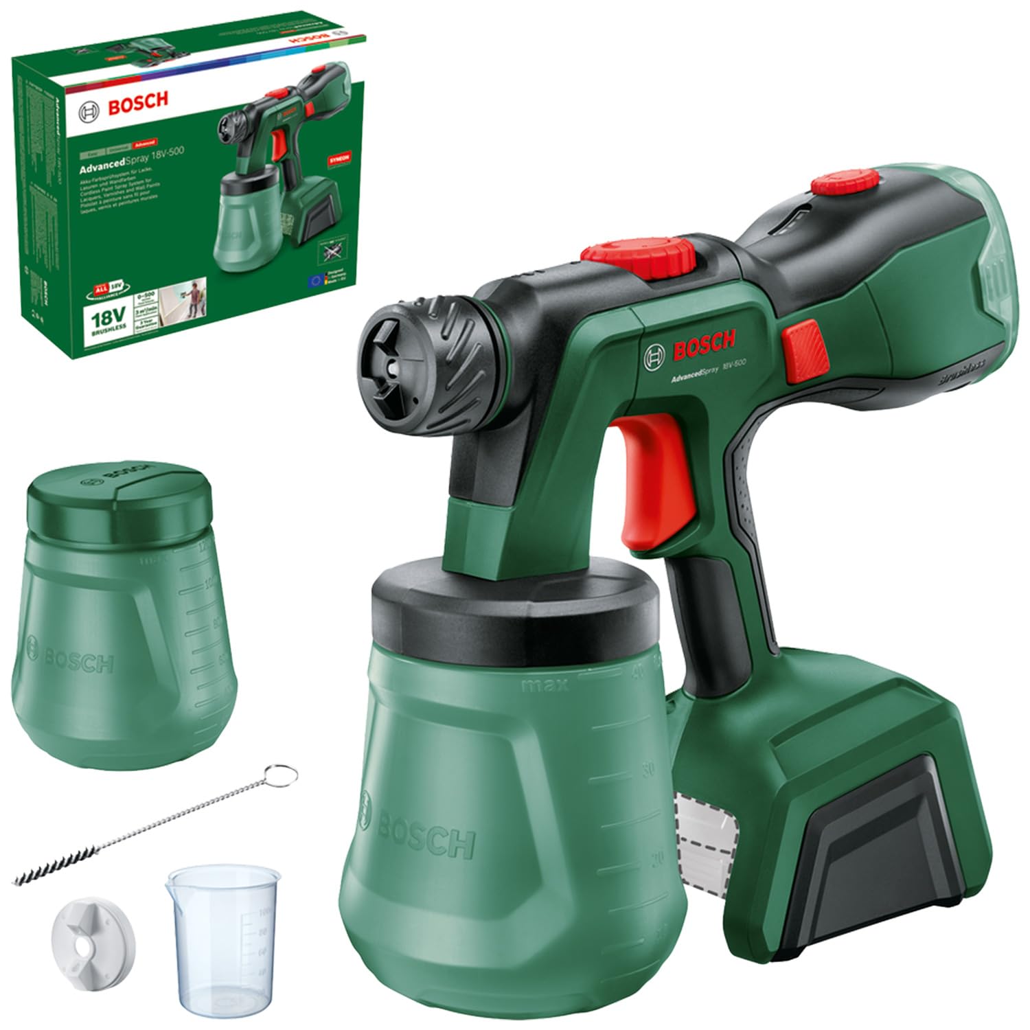 Bosch AdvancedSpray 18V-500 Cordless Paint Gun (lacquers, varnishes, disp./Latex Paints, 3 m²/min; 2X 1200ml Buckets; 18V System; Without Battery)