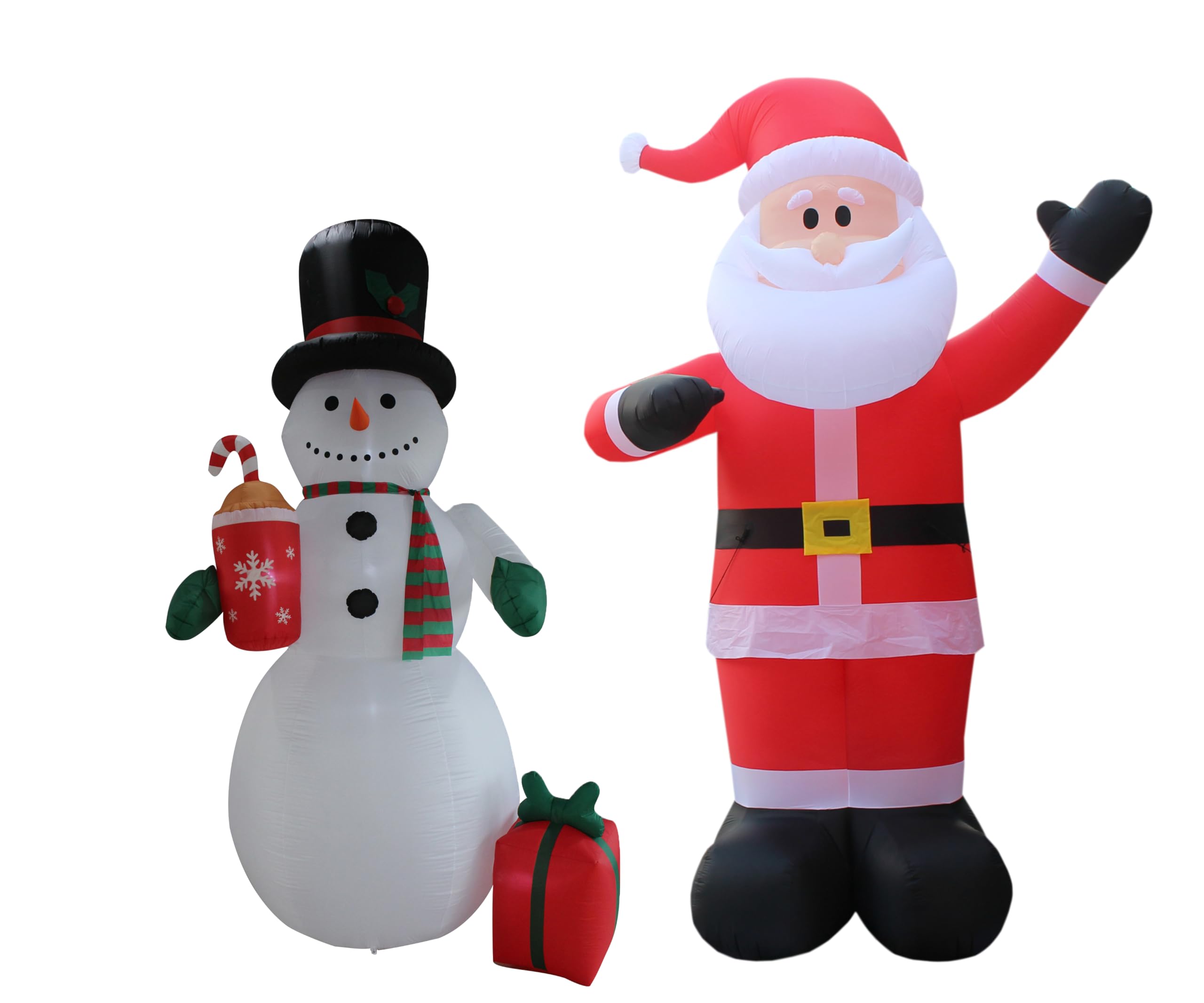 Two Christmas Party Decorations Bundle, Includes 12 Foot Tall Christmas Inflatable Snowman with Scarf Holding Hot Cocoa Red Gift Box, and 14 Foot Tall Huge Christmas Inflatable Santa Claus Blowup