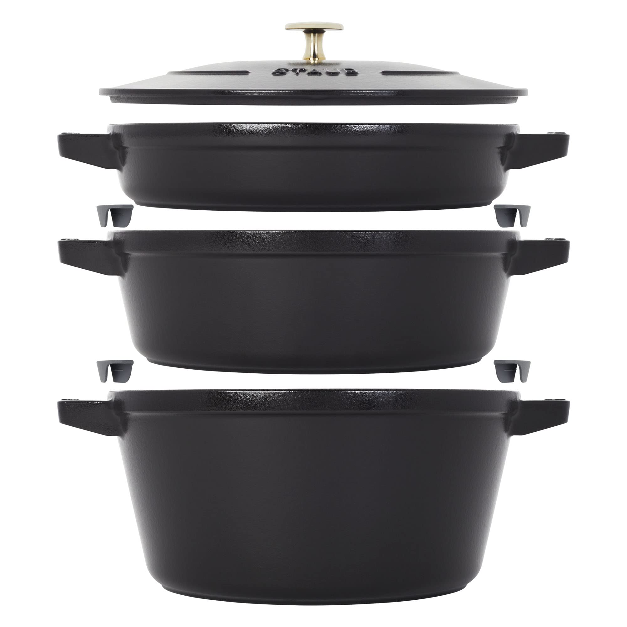 STAUB Cast Iron Set 4-pc, Stackable Space-Saving Cookware Set, Dutch Oven, Skillet, Grill Pan with Universal Lid, Made in France, Matte Black
