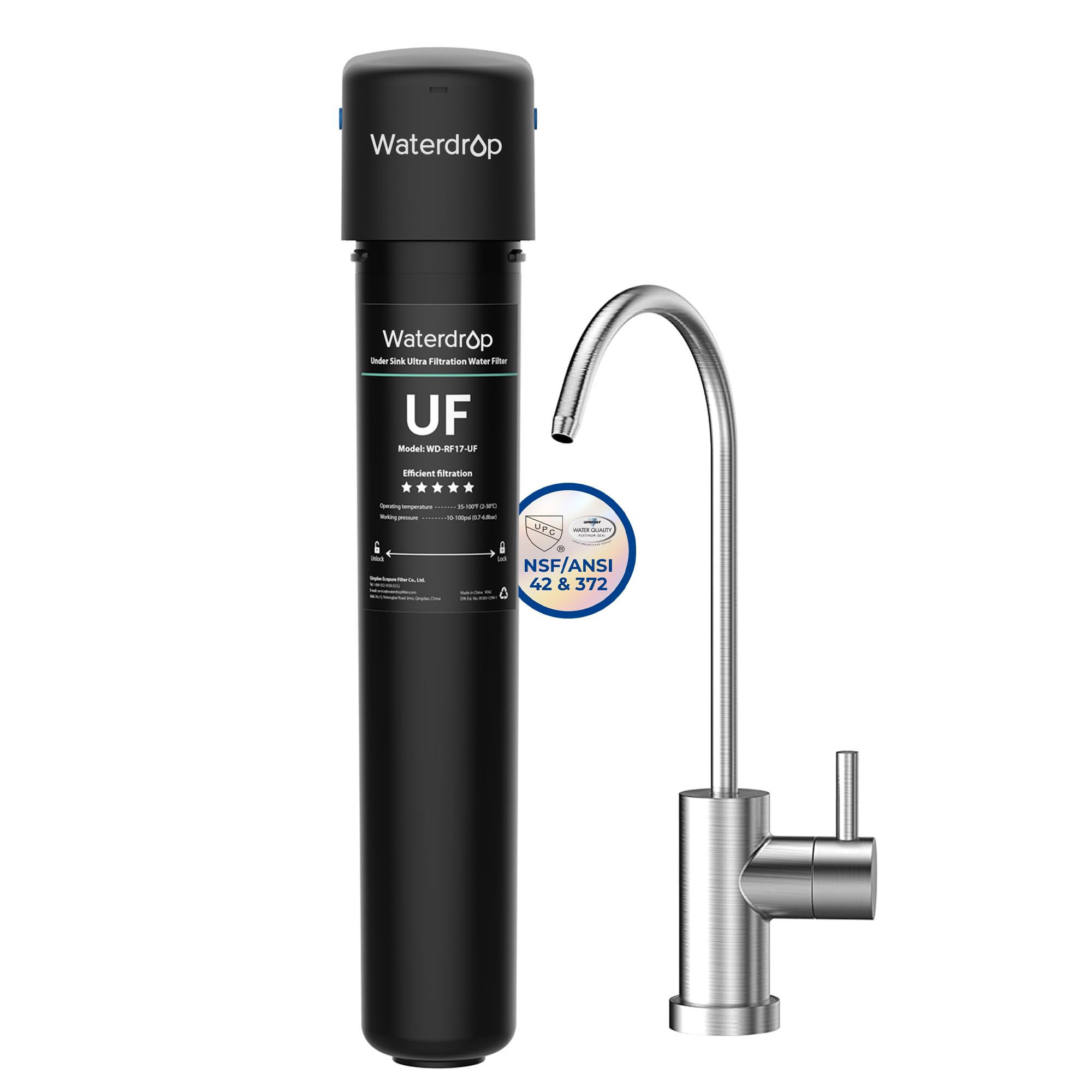 Waterdrop 17UB-UF 0.01 μm Ultra Filtration Under Sink Water Filter System for Baçtёria Reduction, Reduces Lead, Chlorine, Bad Taste & Odor, 24K Gallons, with Dedicated Brushed Nickel Faucet, USA Tech