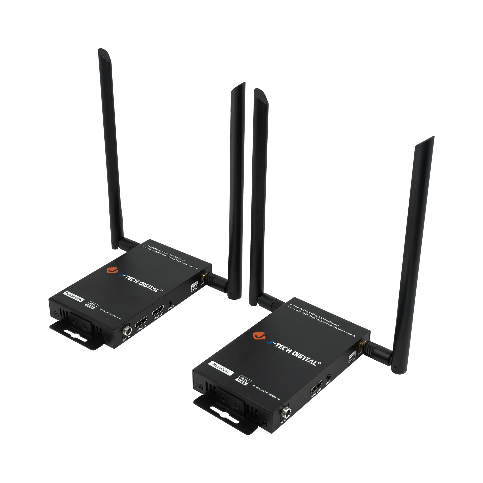 J-Tech Digital Wireless HDMI Transmitter and Receiver 4K 60Hz Up to 196ft., 5.1/5.2 GHz Low Latency HDMI Loop Output SSID Pairing Channel Change IR Passthrough [JTECH-WEX4K-50]