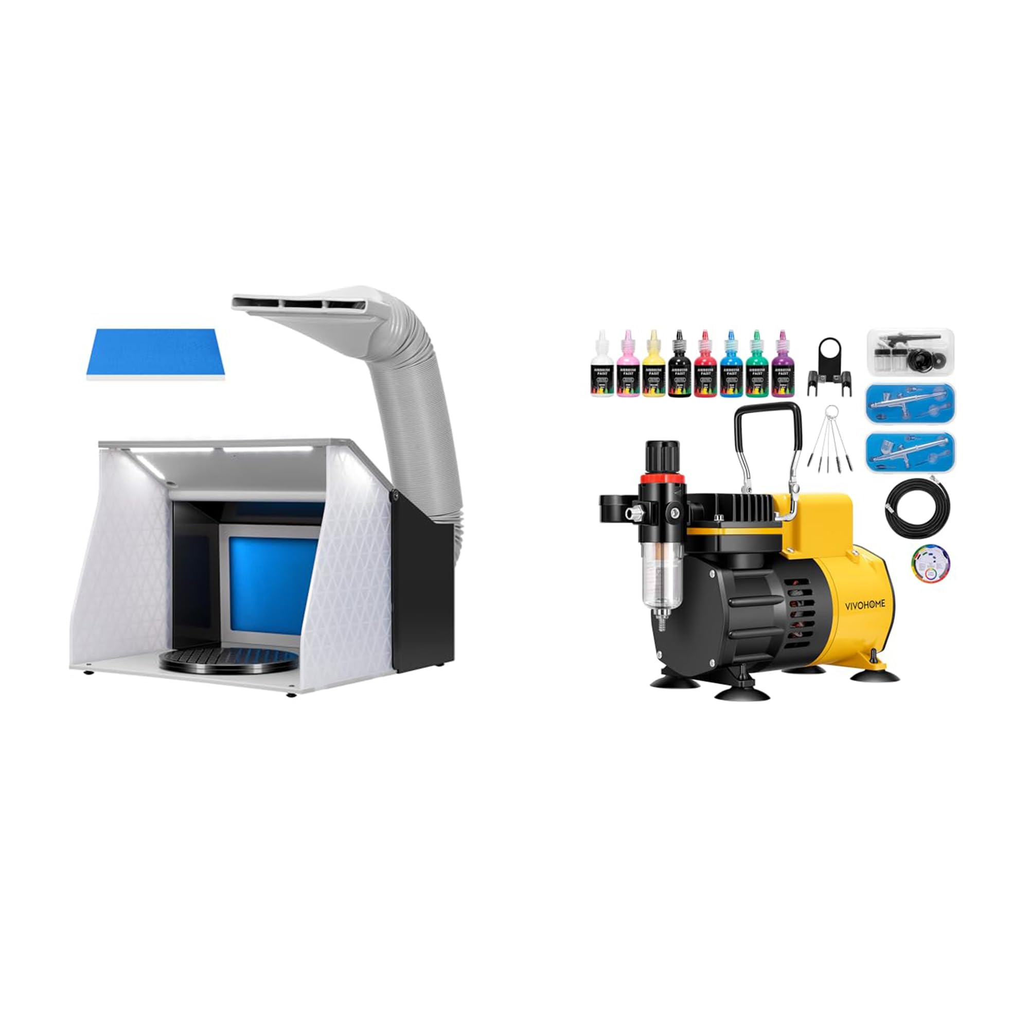 VIVOHOME Dual Fans Airbrush Paint Spray Booth with 4 LED Lights Turn Table and Filter Hose and Dual Fan Air Compressor with 3 Dual Action Airbrush Gun, 8 Primary Opaque Colors, Cleaning Brush, Yellow
