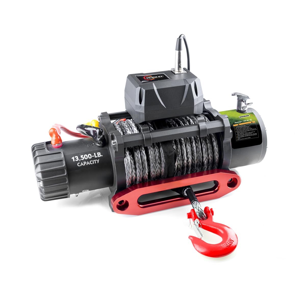 RUGCEL WINCH 13500lb Waterproof Electric Truck Winch 12V Synthetic Black Rope Jeep Winch with Hawse Fairlead,Wired Handle and 2 Wireless Remote,for Trailer and Wrangler in Car Lift