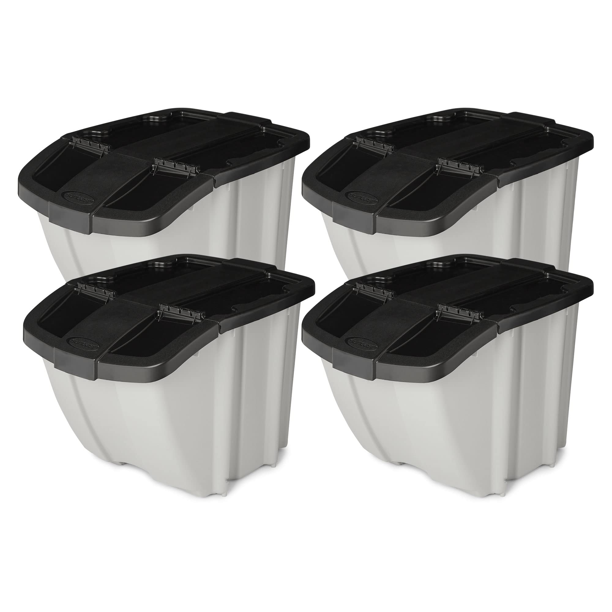 Suncast 18 Gallon Indoor or Outdoor Stackable Waterproof Recycling Lidded Storage Container Bin with Front Flap, Gray (4 Pack)