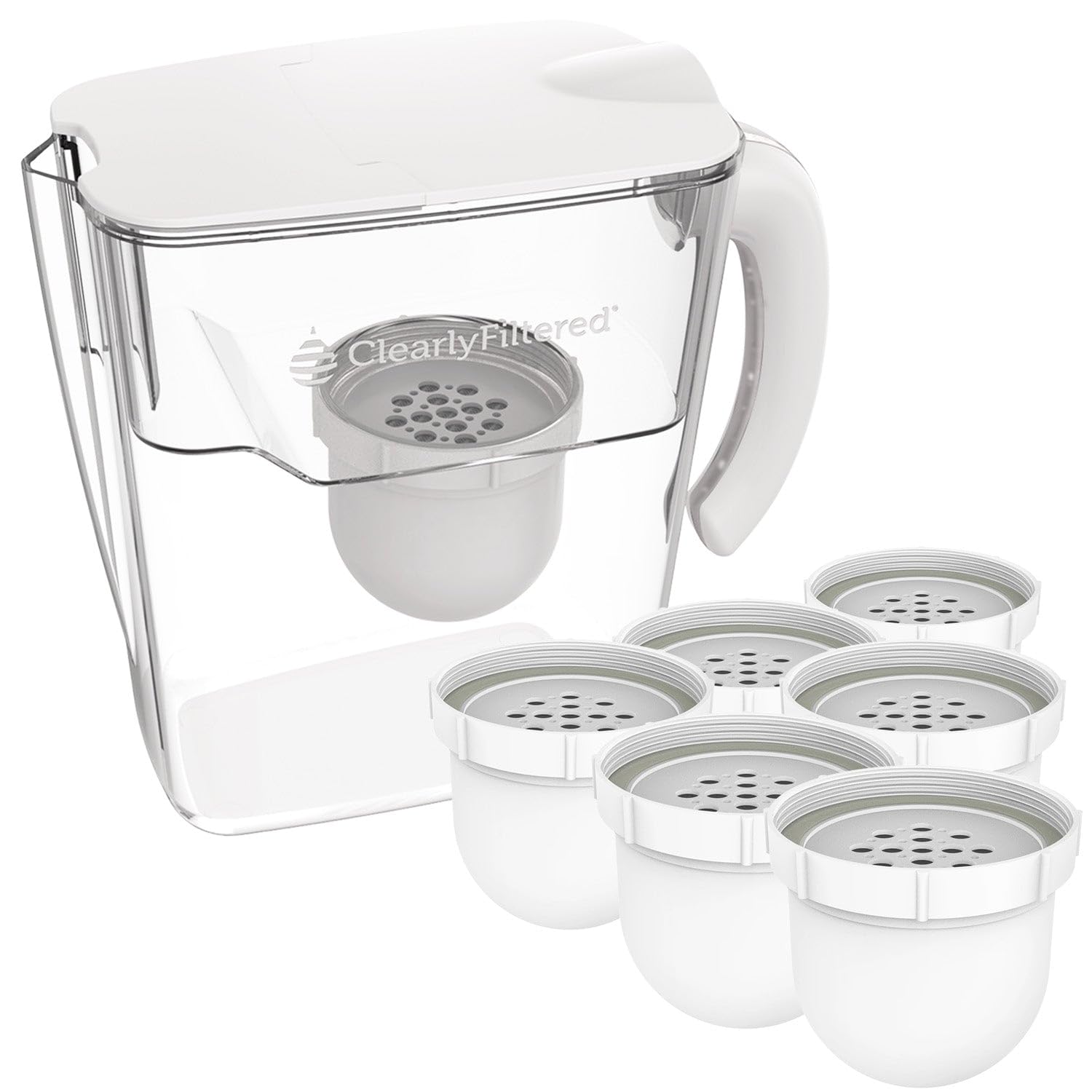 Clearly Filtered No.1 Filtered Water Pitcher/Updated Model/Targets 365+ Contaminants e.g. Fluoride Chlorine PFAS Microplastics Lead Arsenic BPA/BPS Free (Pitcher + 6 Filter Packs)