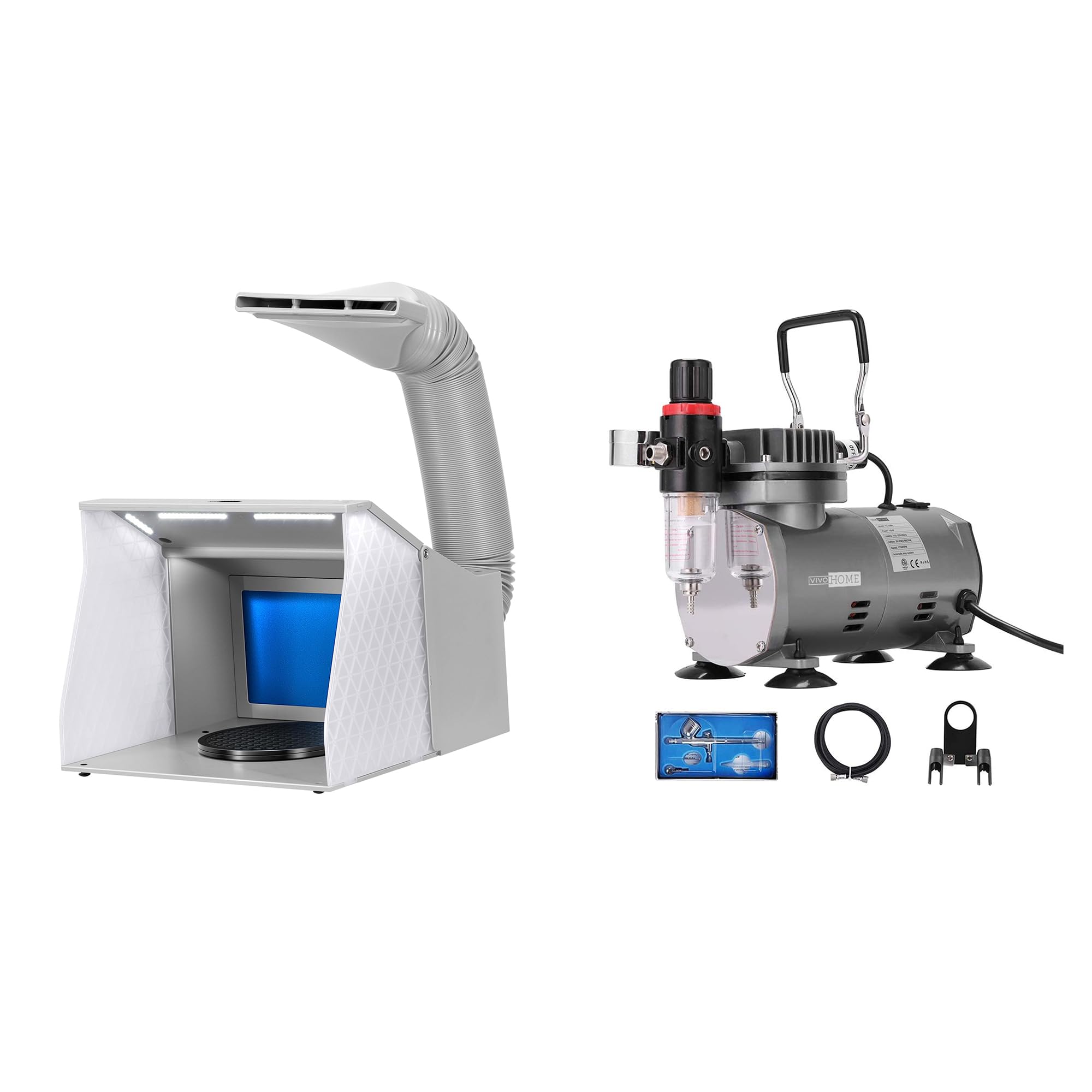 VIVOHOME Dual Fans Airbrush Paint Spray Booth with 4 LED Lights Turn Table and Filter Hose and 110-120V Professional Airbrushing Paint System with 1/5 HP Air Compressor and 1 Airbrush Kit