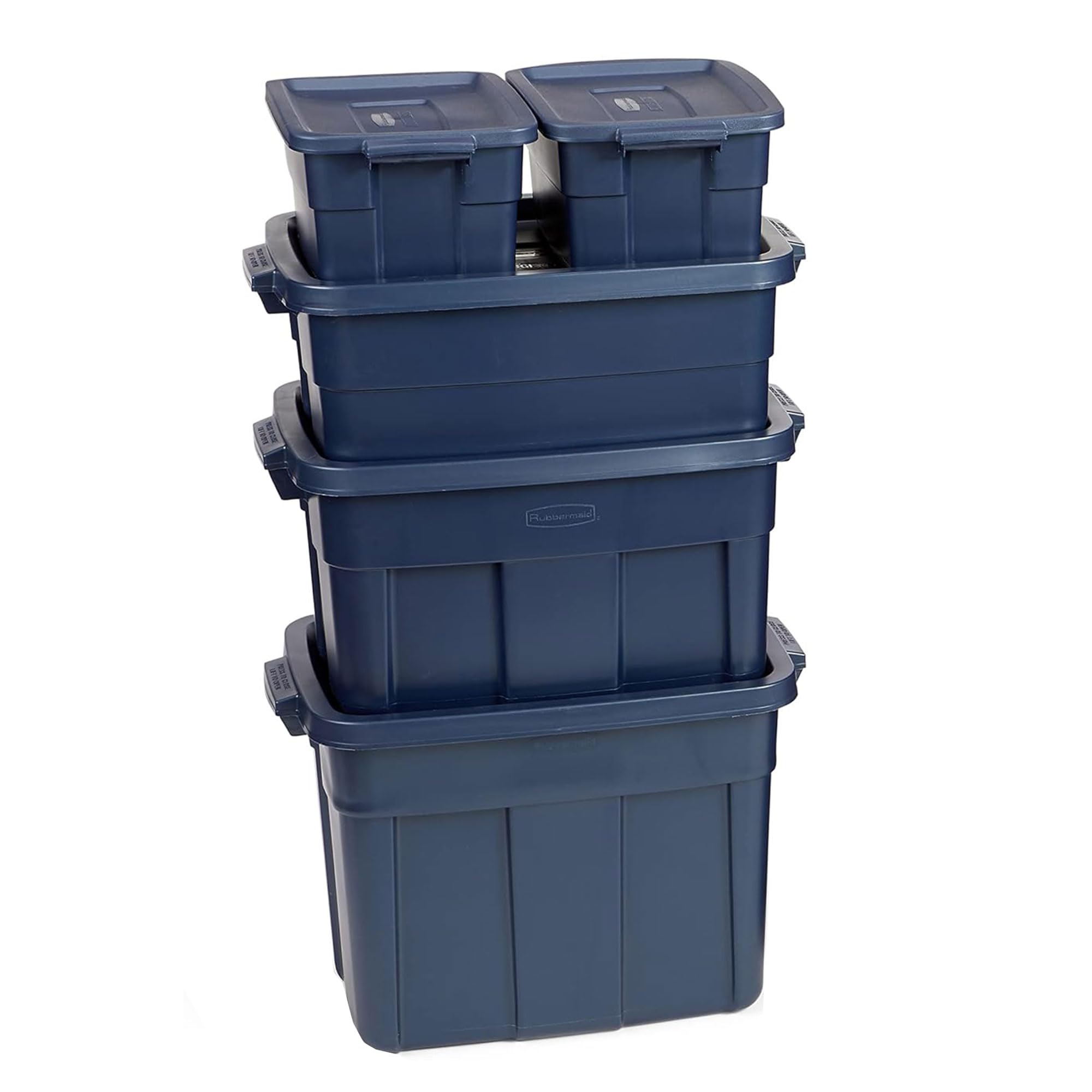 Rubbermaid Roughneck Tote Variety - |Made in the USA| Dark Indigo Metallic, Rugged Plastic Stackable Storage Tote with Lid and Handles (Pack of 10)