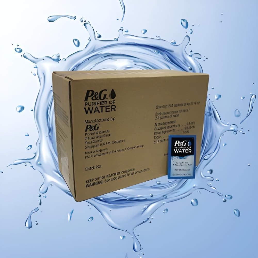 P&G Purifier of Water Portable Water Purifier Packets (Box of 240 Packets). Emergency Water Filter Purification Powder Packs for Camping, Hiking, Backpacking, Hunting, and Traveling.