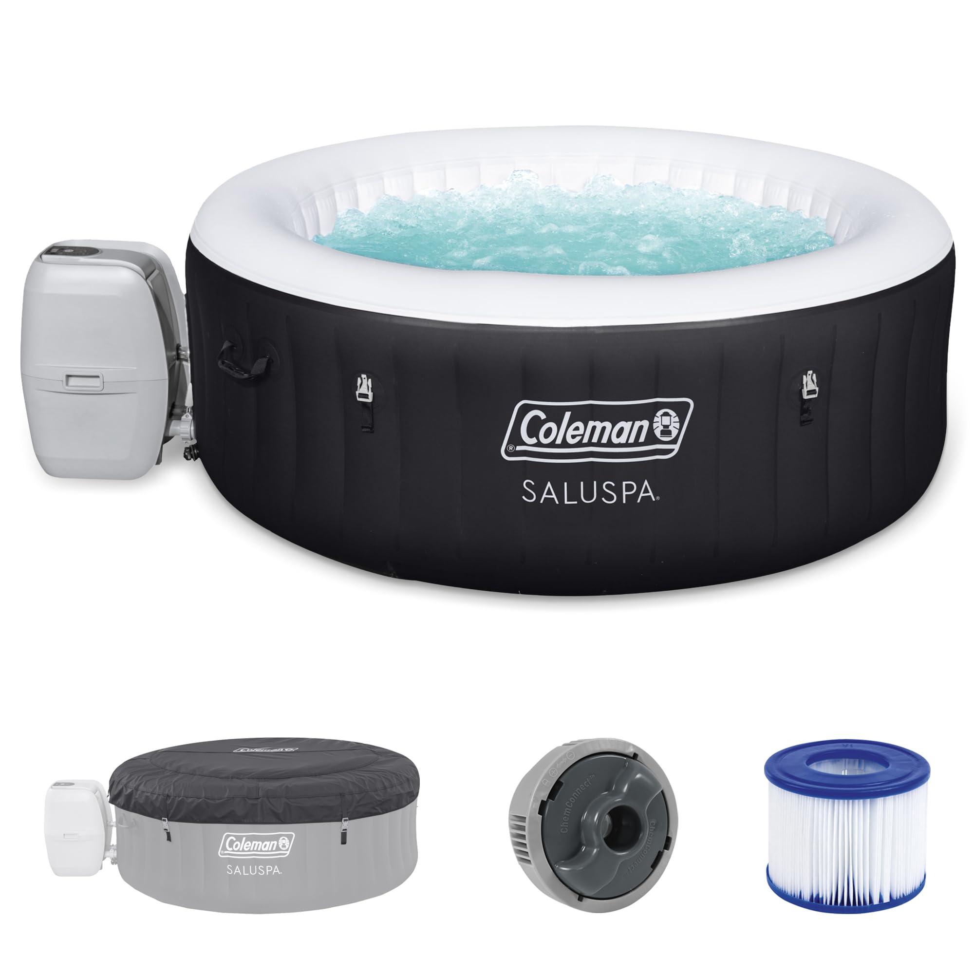 Coleman SaluSpa Miami AirJet 2 to 4 Person Round Inflatable Hot Tub Portable Outdoor Spa with 60 Soothing AirJets and Insulated Cover, Black