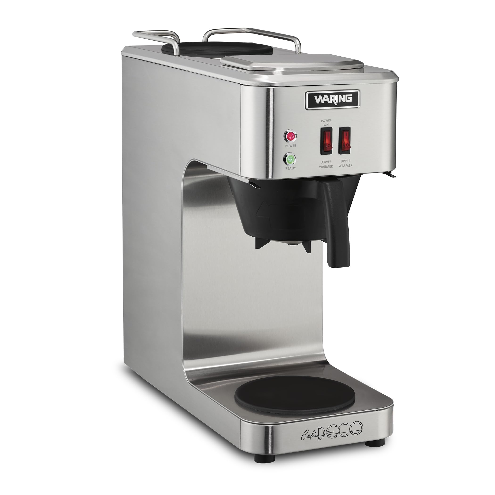 Waring WCM50 Café Deco Pour Over Decanter Coffee Brewer, Stainless Steel Construction, Two Individually Operated Warmers, No Plumbing Required, 120V, 5-15 Phase Plug,Silver