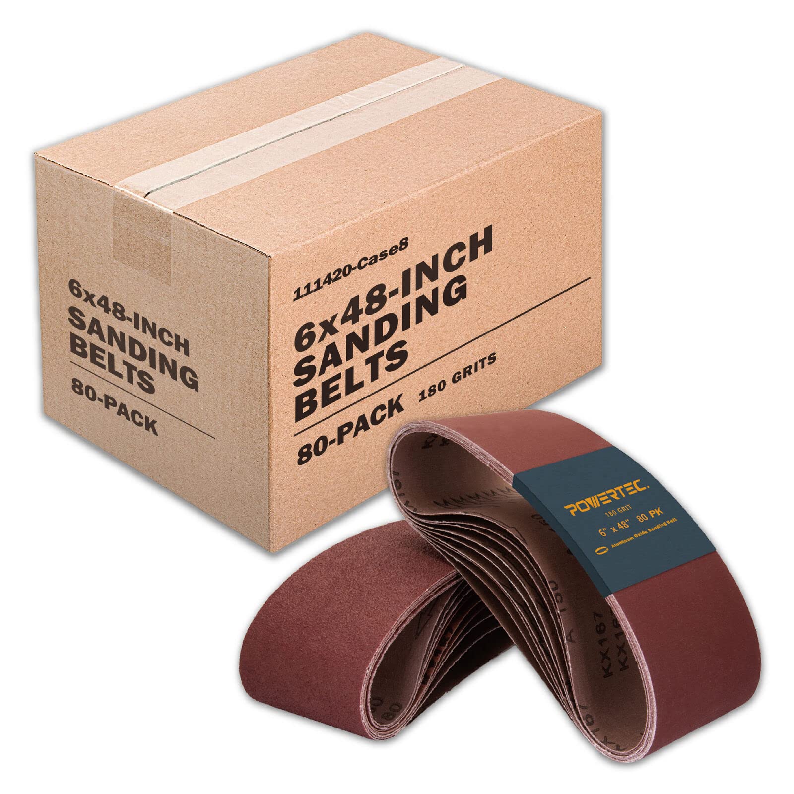 POWERTEC 6 x 48 Inch Sanding Belts, 180 Grit Aluminum Oxide Belt Sander Sanding Belt for Bench Belt Sander, Wood & Paint Sanding, Metal Polishing, 80PK (111420-Case8)