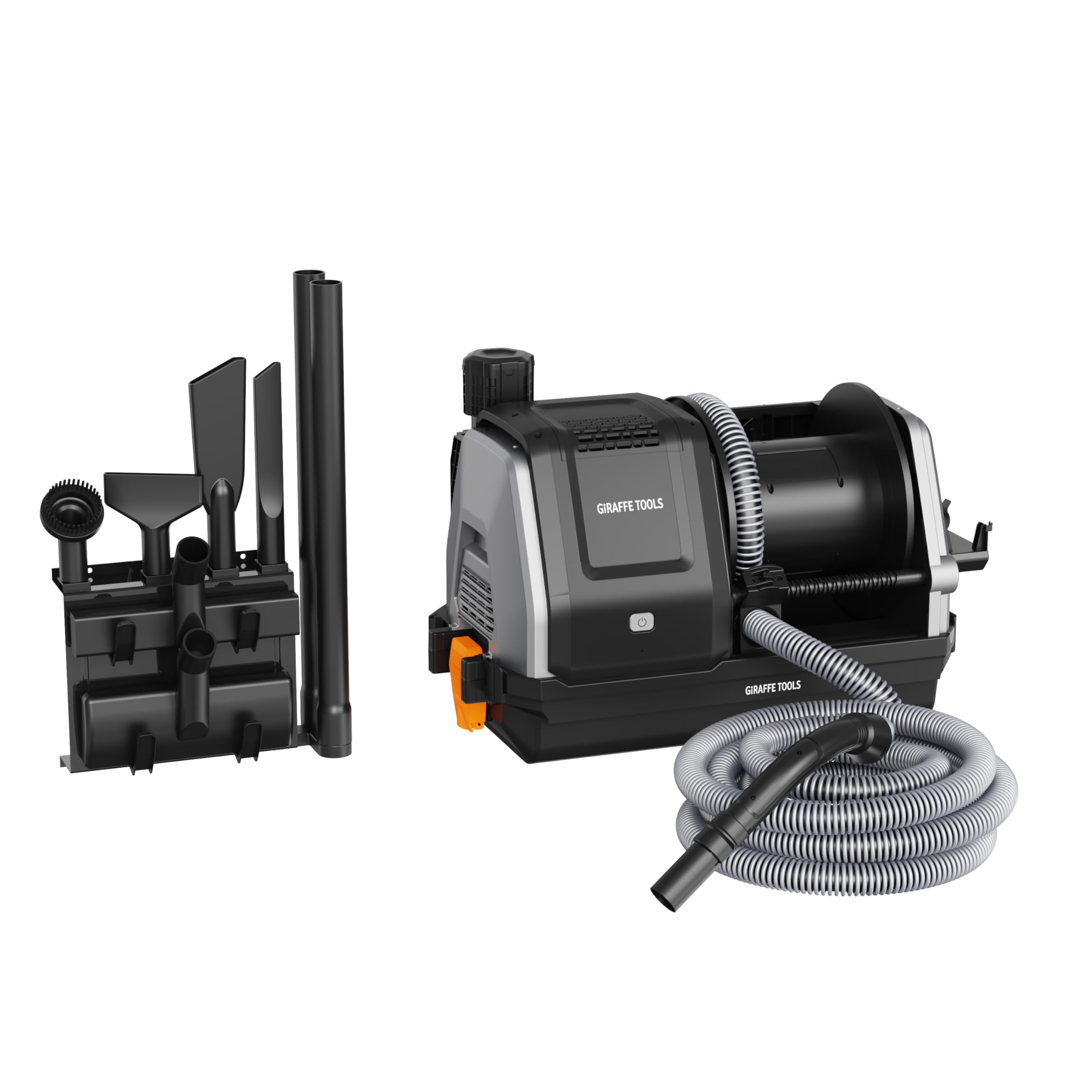 Giraffe Tools Grandstorm Retractable Vacuum Cleaner with 30 FT Hose Wall Mounted, Wet Dry Vacuum Cleaner with 6 Nozzles for Car Detailing Normal Version, Grey （No Remote Control Funtion）