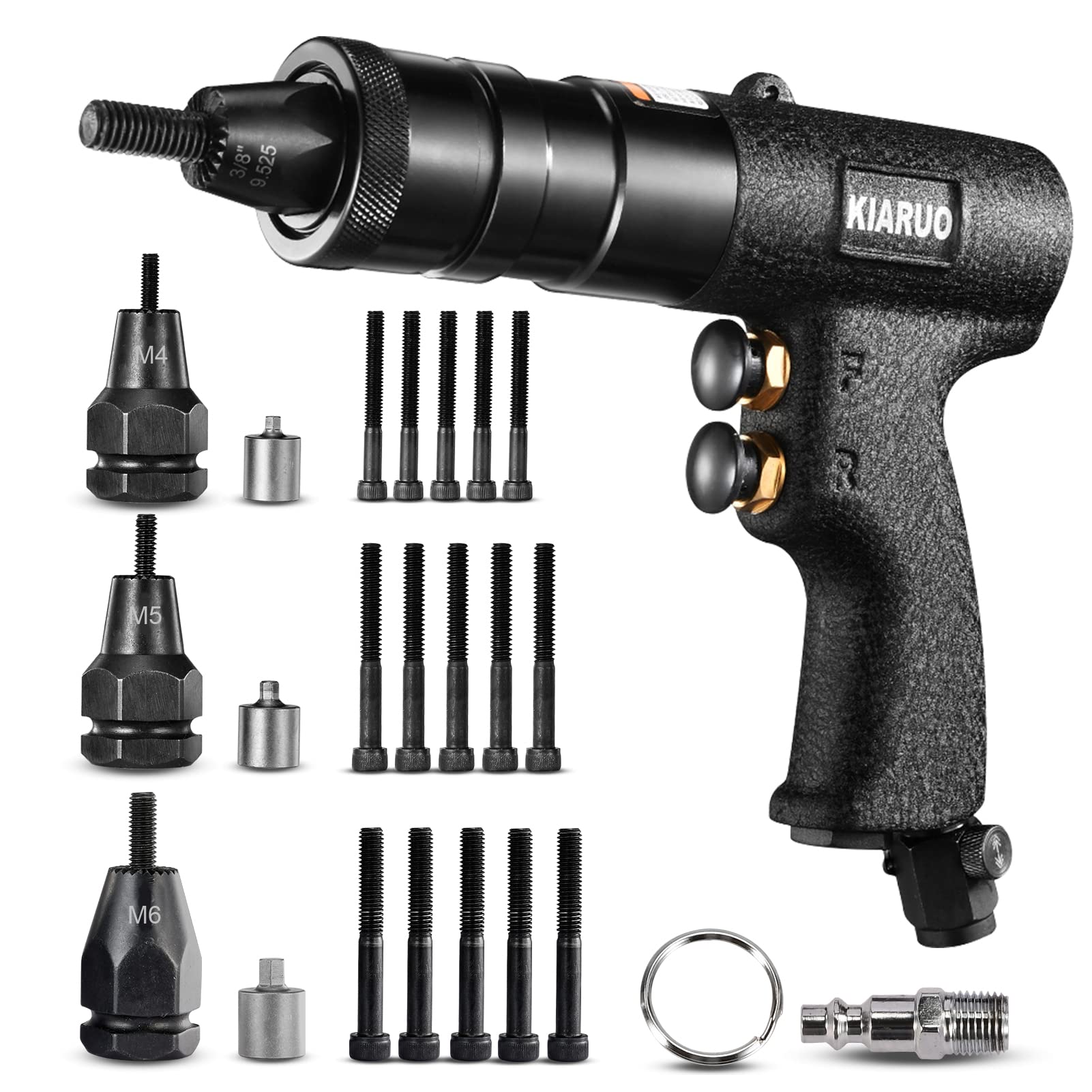 KIARUO Pneumatic Rivet Nut Gun M4,M5,M6 with Replacement Mandrels, RPM 1500 Industrial Grade Pull Rivnut Gun MODEI:LM08 Button Switch