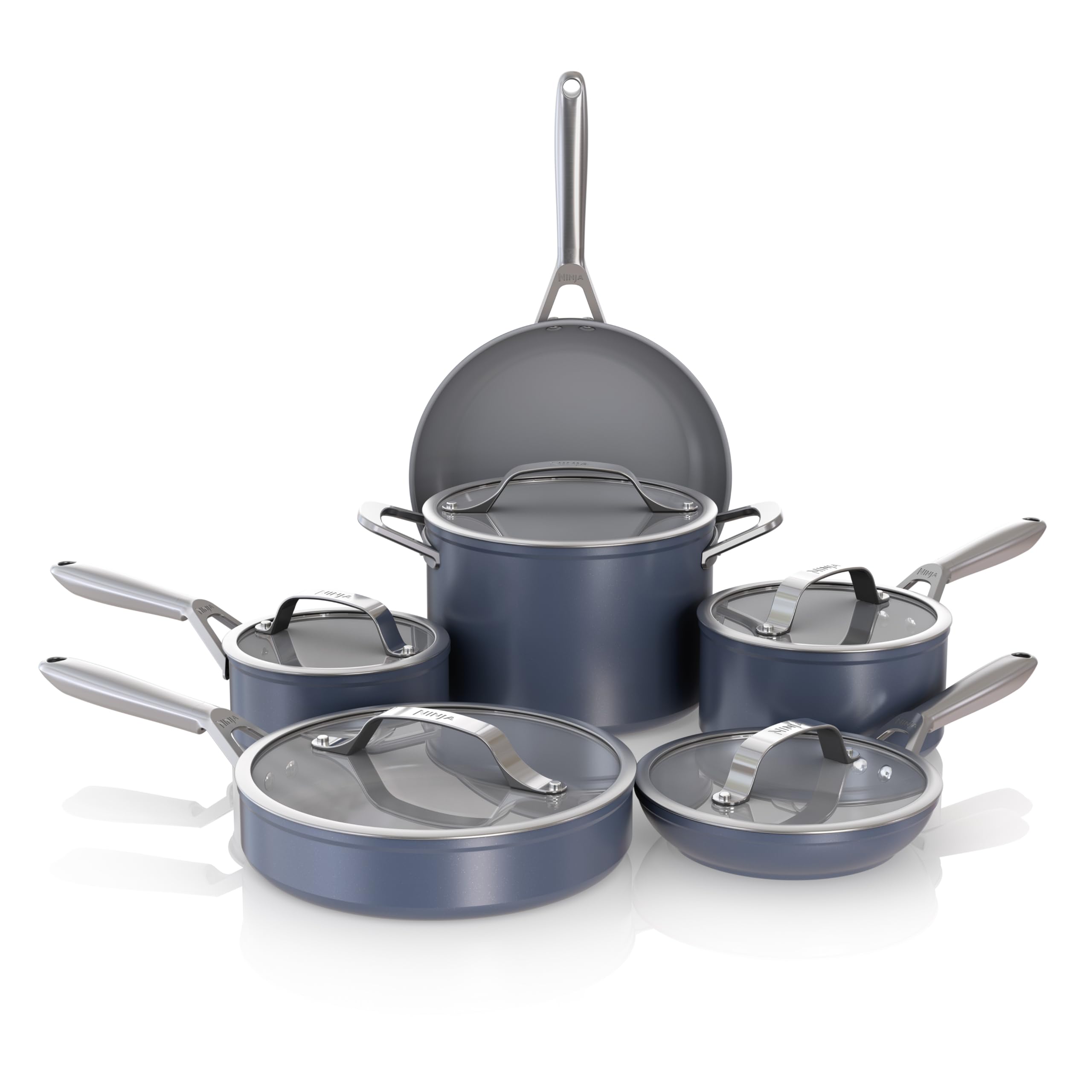 Ninja Ceramic Pro 11-Piece Cookware Set, Non-Stick Pots & Pans Set with Glass Lids, PTFE Free, Ceramic Coated, Oven Safe, All Stovetops & Induction Compatible, Midnight Blue, CW39011MM