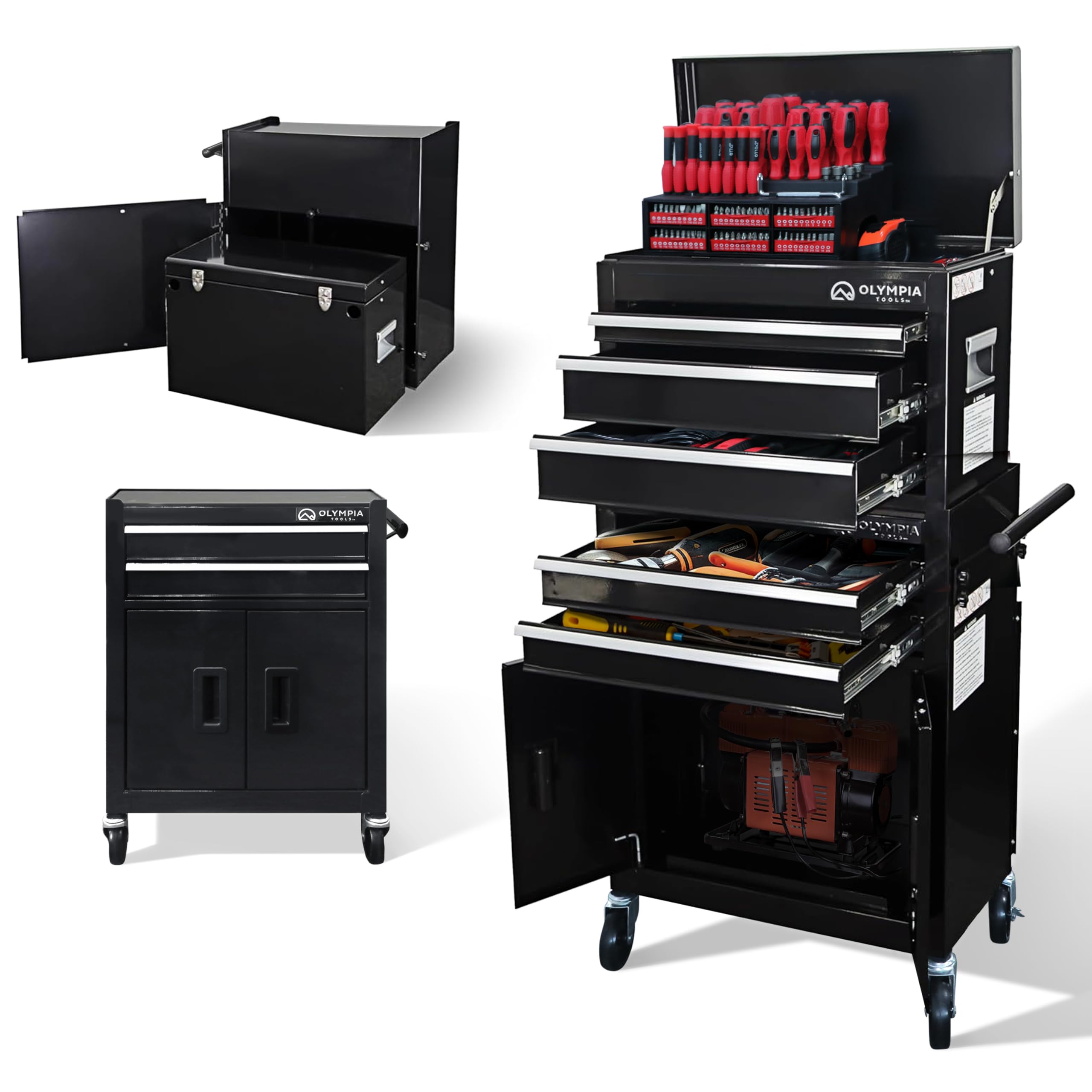Olympia Tools Portable Metal Tool Chest Box with Drawers - Tool Chest Cabinet Ball Bearing Slide Drawers Locking Storage Garage Toolbox Organizer (Combo Full Set)
