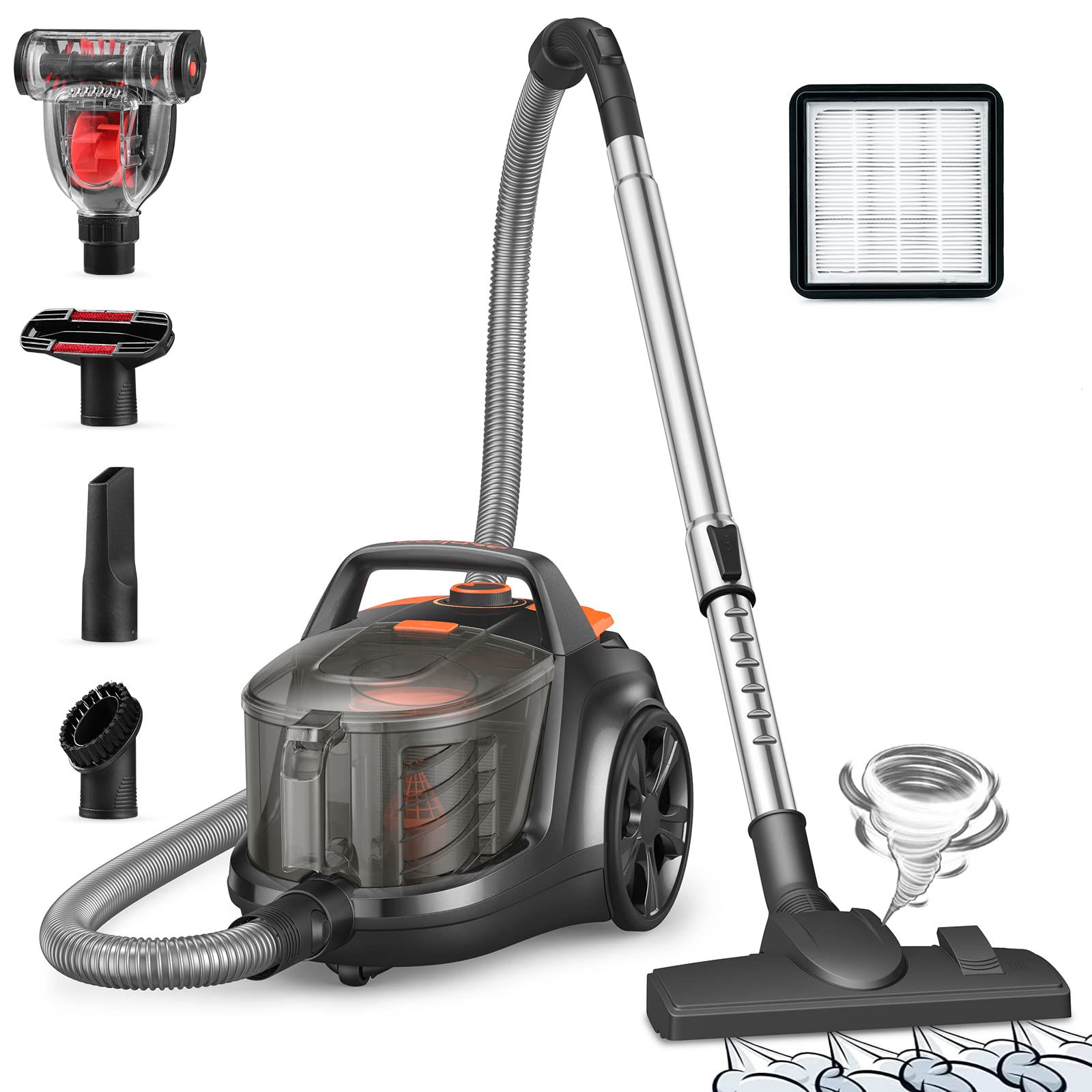 1200W Canister Vacuum Cleaner, 24Kpa Bagless Canister Vacuum, Auto Cord Rewind, Double HEPA Filter, 3.7Qt Large Capacity, 5 Tools for Hard Floors, Carpet, Pet, Upholstery, Tiles, Car, Black