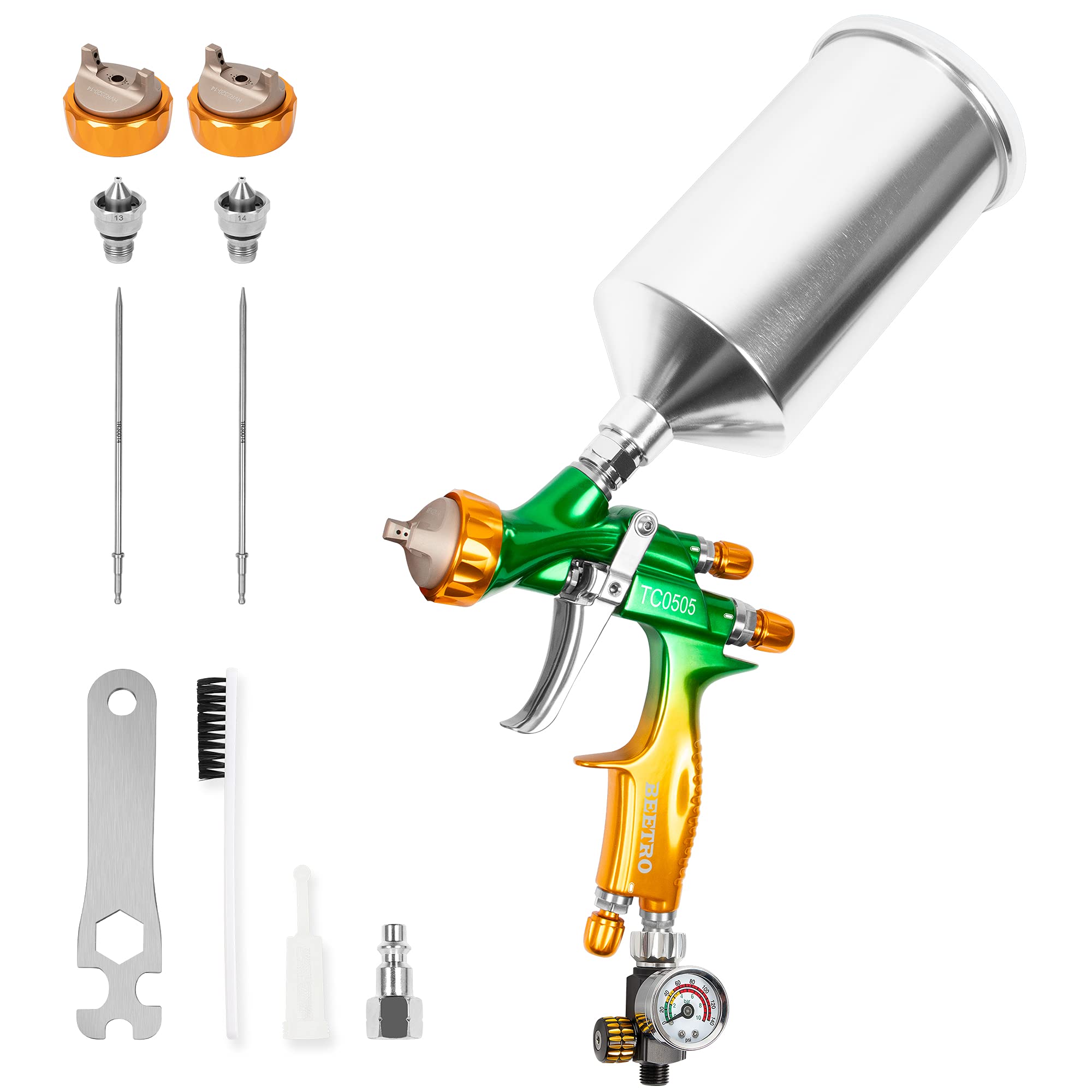 BEETRO HVLP Professional Gravity Feed Air Spray Gun, 280-320mm Wide Spray Pattern 1.3/1.4mm Nozzle with Air Control Valve, 1000ml Capacity 14CFM 29-32psi, 1/4 Adaptor and Filter