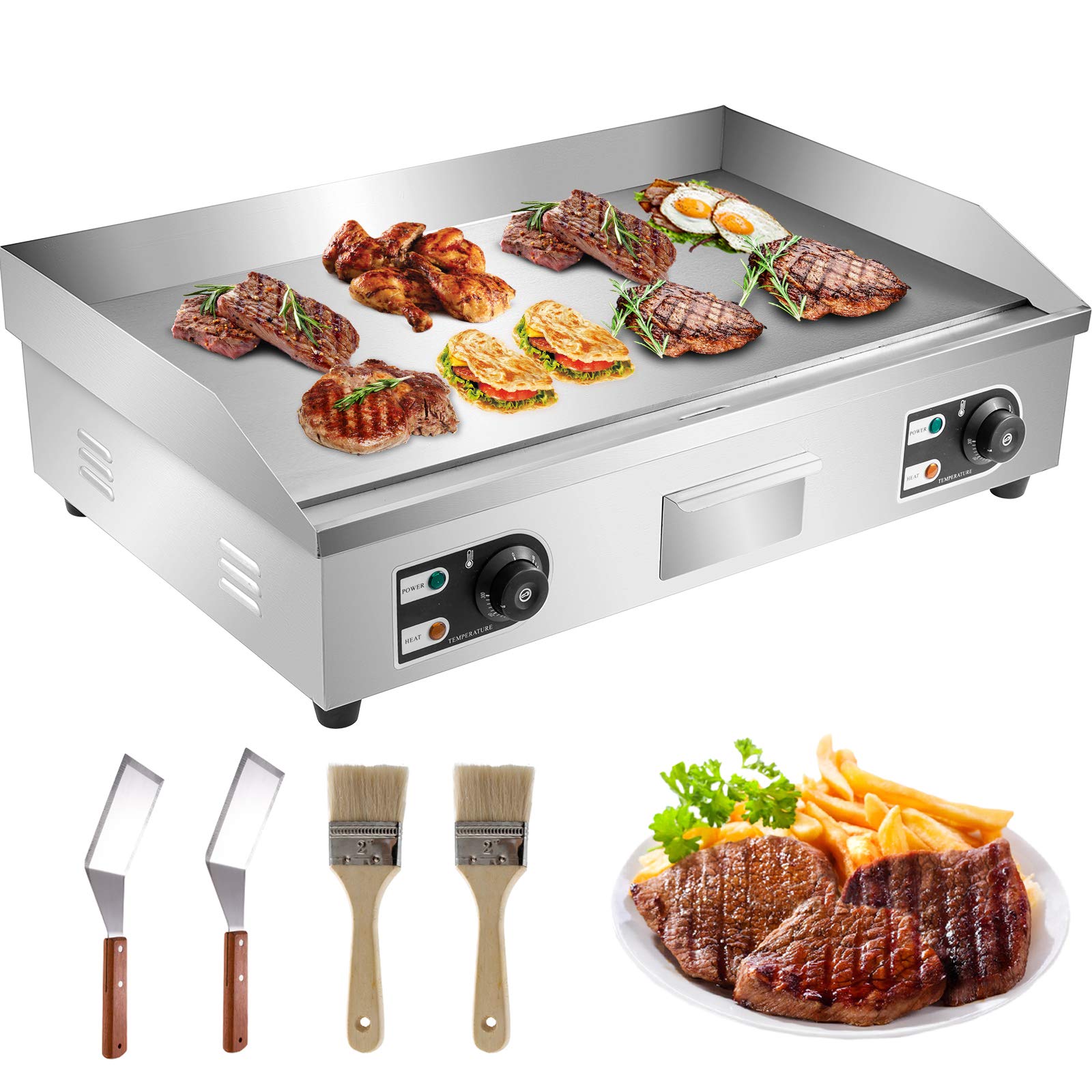 VEVOR 30" Commercial Electric Griddle 3000W Electric Countertop Griddle Non-Stick Restaurant 110V Teppanyaki Flat Top Grill Stainless Steel Adjustable Temperature Control 122°F-572°F (NO PLUG)