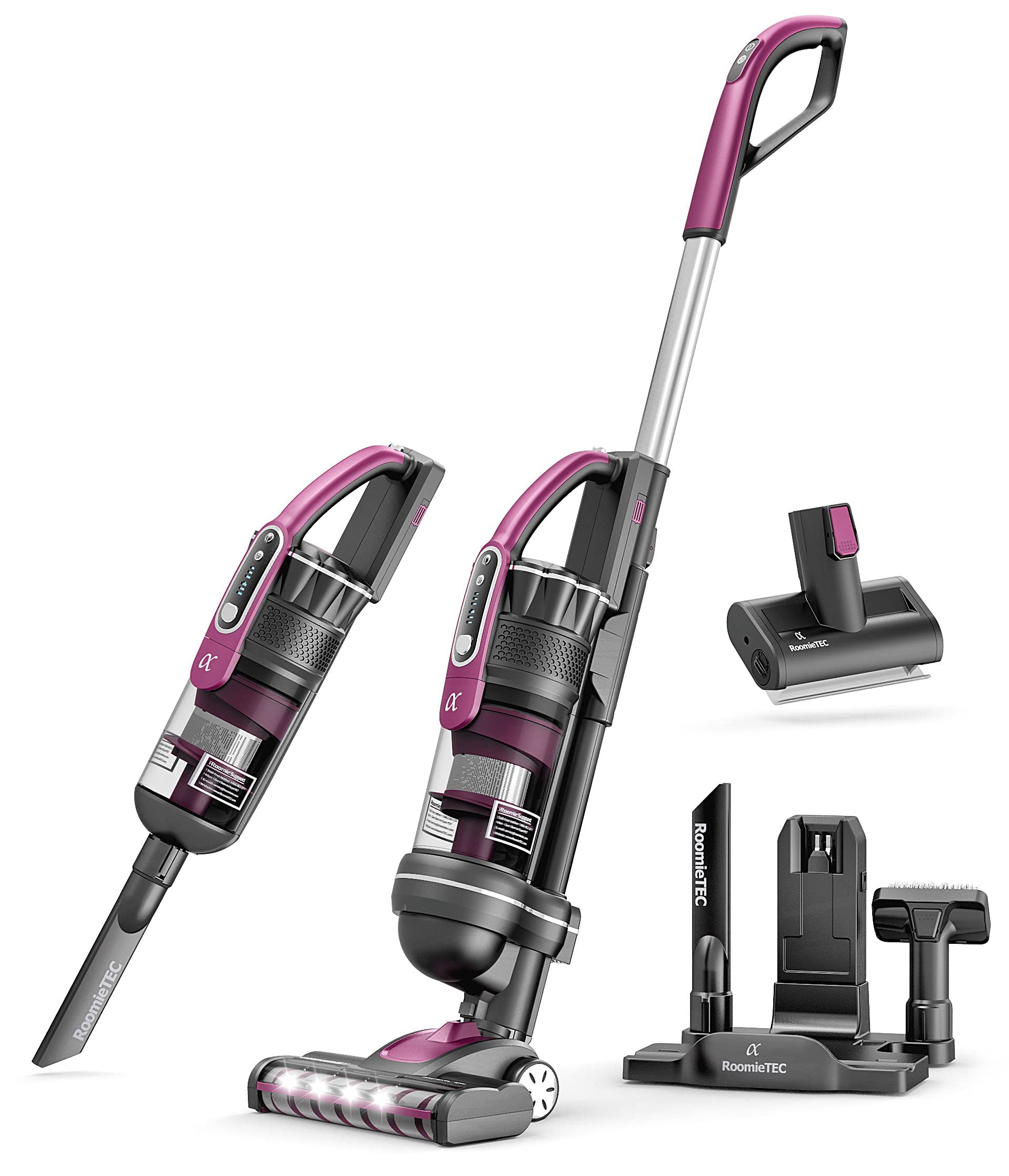 Roomie Tec Alpha Upright Cordless Vacuum Cleaner, Up to 40 min, with Pet Brush and Auto Charging Dock