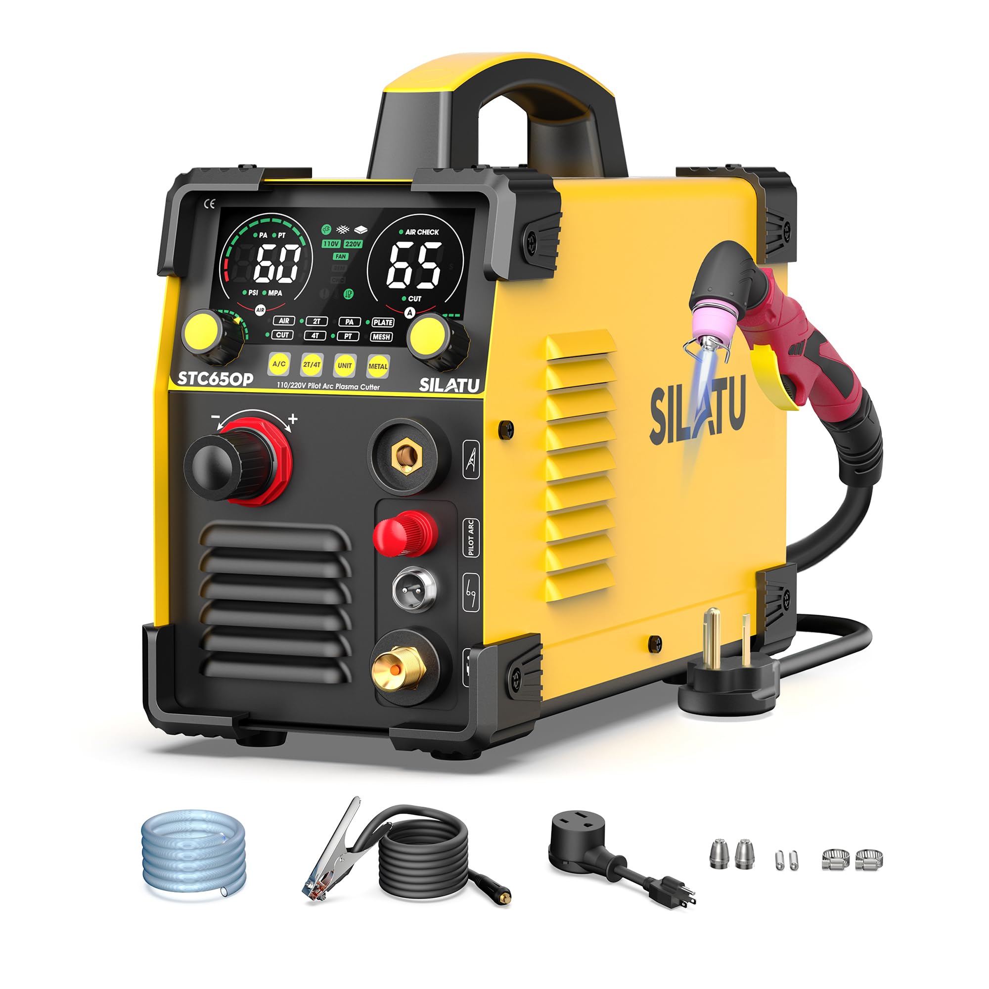 SILATU 65Amps Plasma Cutter, Large LED Display, Non-Touch Pilot Arc, Air Sensor Technology, 110/220V Dual Voltage IGBT Inverter Plasma Cutter Machine, 14mm Clean Cutting Thickness