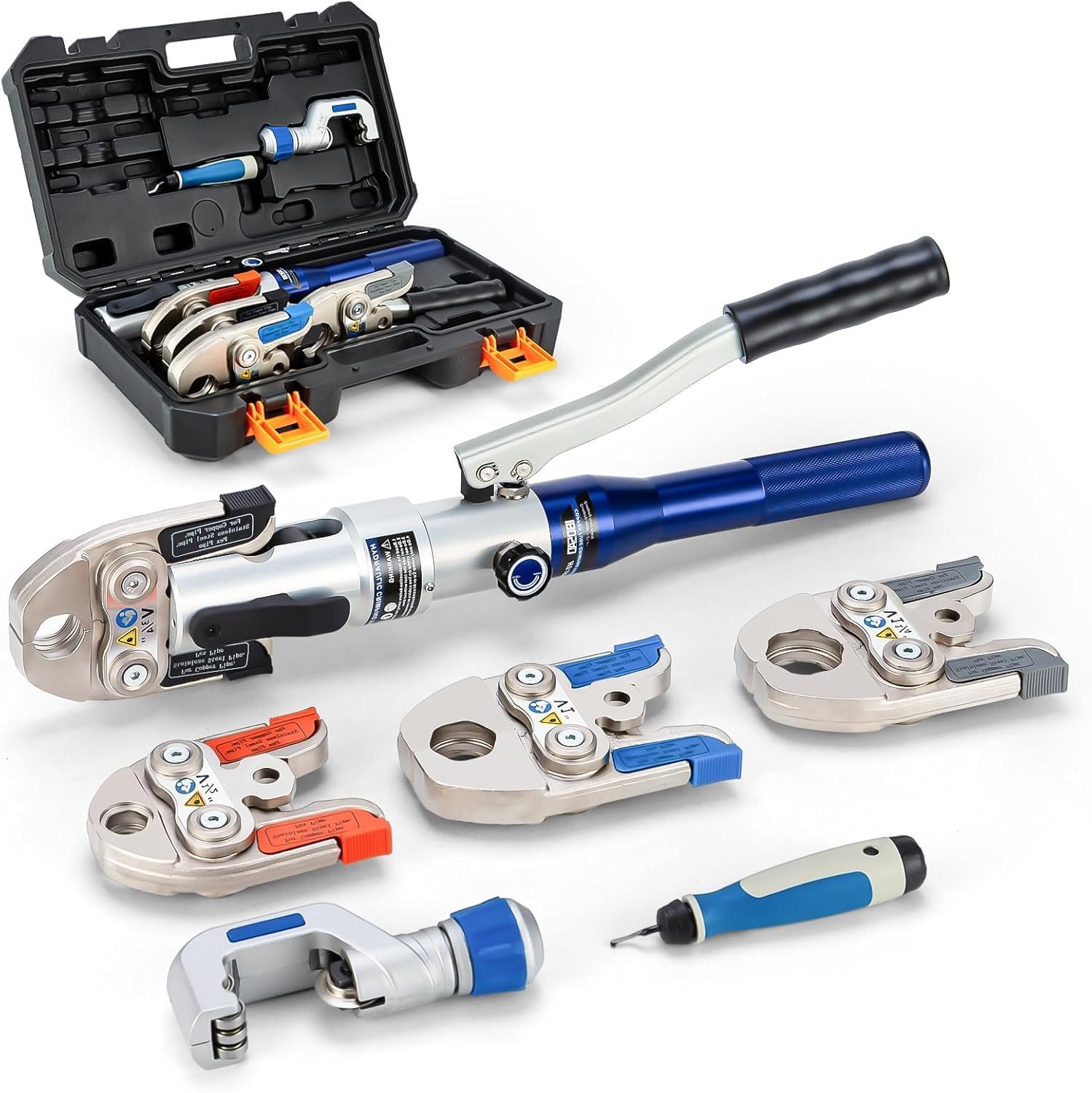 IBOSAD Copper Tube Fittings Hydraulic Pipe Crimping Tool with 1/2",3/4",1" and 1-1/4 inch Jaw Copper Pipe Press Crimpers Pressing Pliers,Suit for Narrow Space (1/2 to 1-1/4 inch)