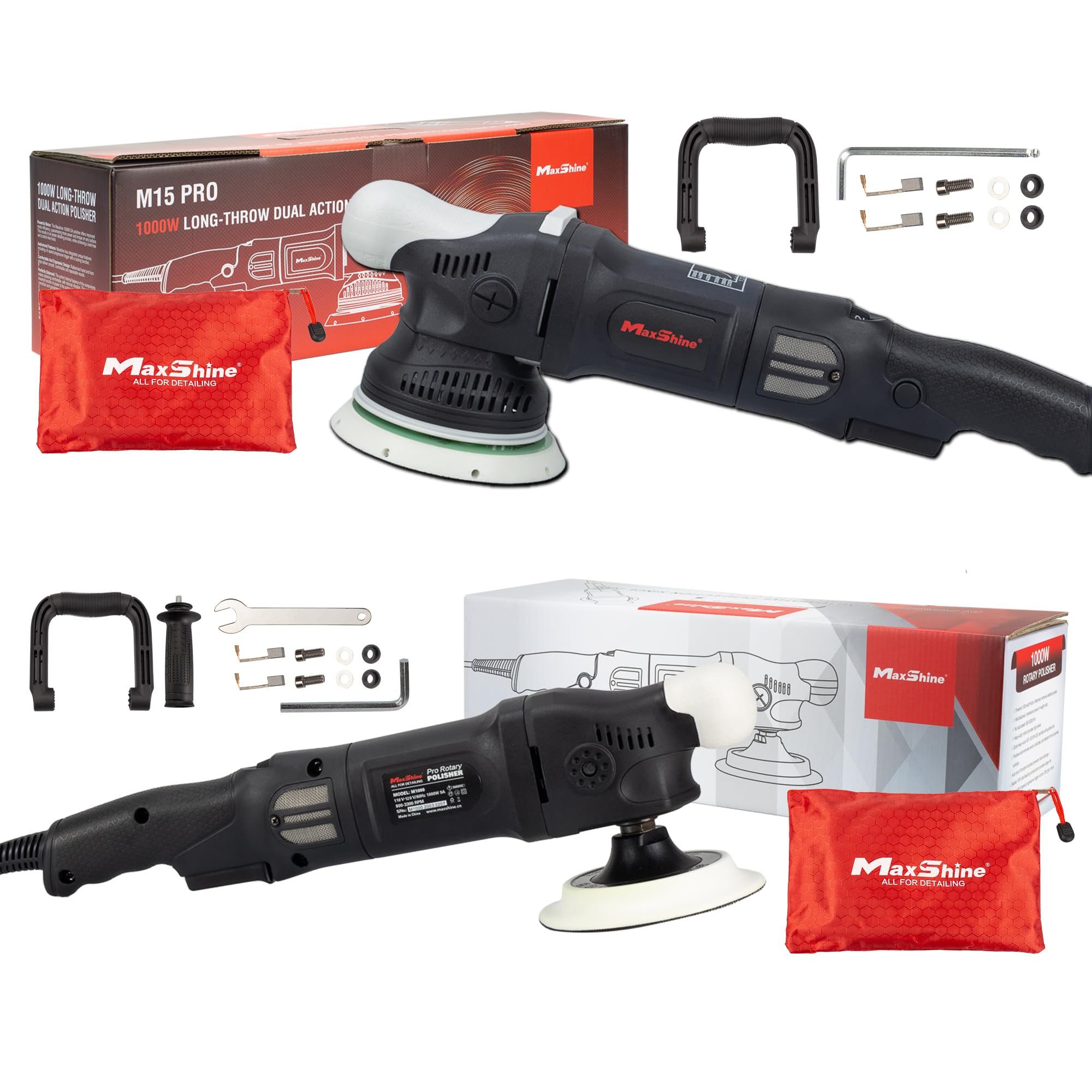 Maxshine M15 Pro/ M1000 Kit - Includes 2 Polishers: 1000W 5”, 6-Speed, 5/16” (M15) & 5/8” (M1000) Threads - Auto Detailing Tool for Buffering, Paint Protection, Swirl & Scratch Repair, Glossy Shine