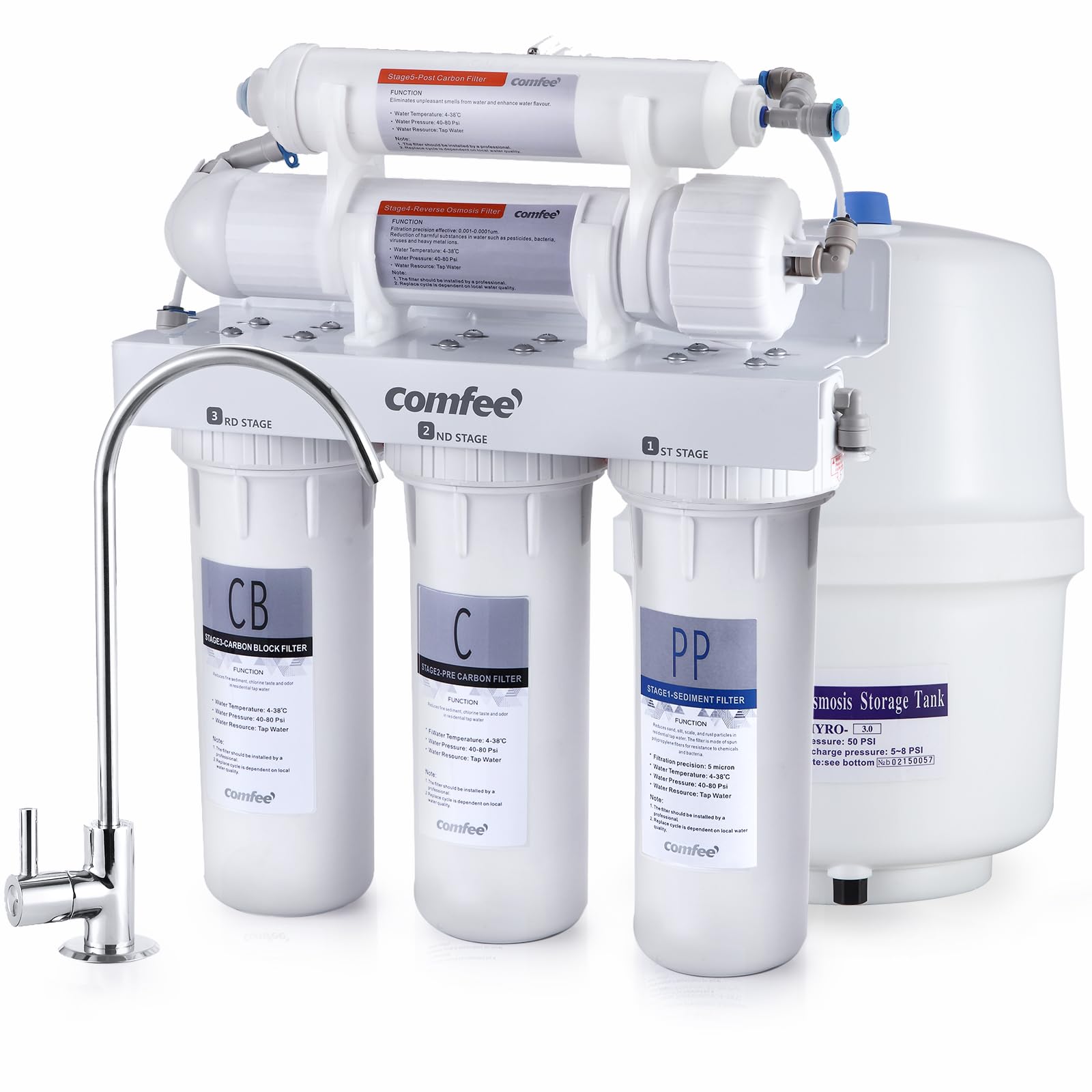COMFEE’ 5-Stage Reverse Osmosis System, NSF Certified Water Filter for Under Sink, Easy DIY Installation, Ultra Safe Drinking Water Filtration System, Leak-Free RO System, Quiet Operation, 75 GPD