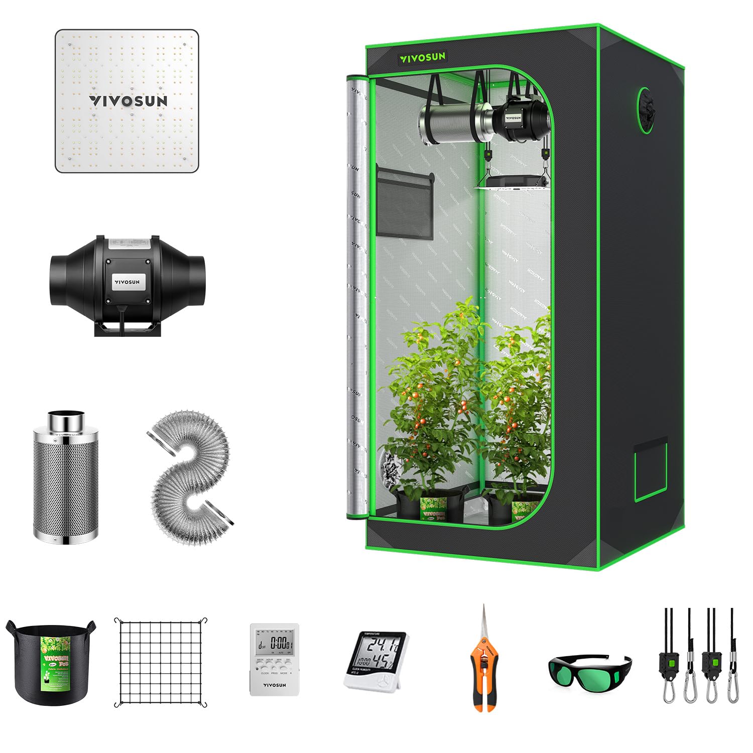 VIVOSUN 2.7 x 2.7 ft. Growing Tent Kit Complete, 32" x 32" x 63" Grow Tent Complete System with VS1000 Led Grow Light 4 Inch 190CFM Inline Fan Carbon Filter and 8 ft. Ducting Combo
