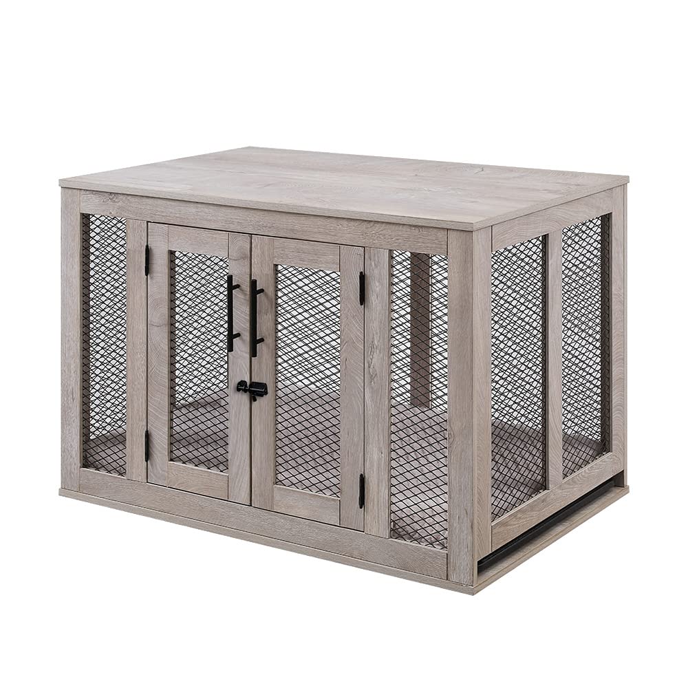unipaws Dog Crate Furniture, Wooden Dog Kennel for Medium Breed, Indoor Decorative Wood Dog Cage, Inside Side End Table Crate with Removable Tray and Dog Bed, Dog Enclosure, for Dogs Up to 40 lbs