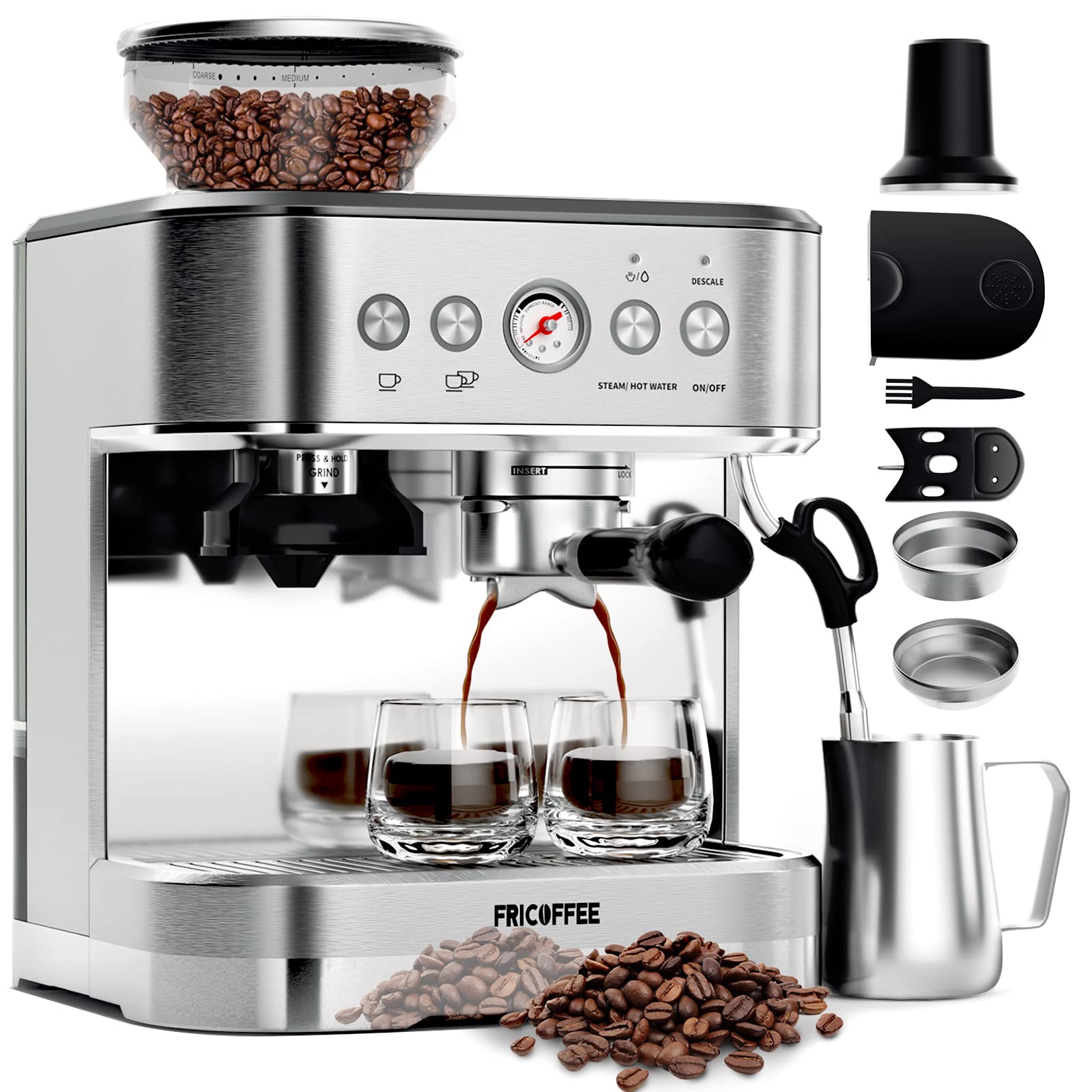 Fricoffee Espresso Machine with Grinder Espresso Maker Stainless Steel with Milk Frother Cappuccino Machine Semi Automatic Espresso Machine