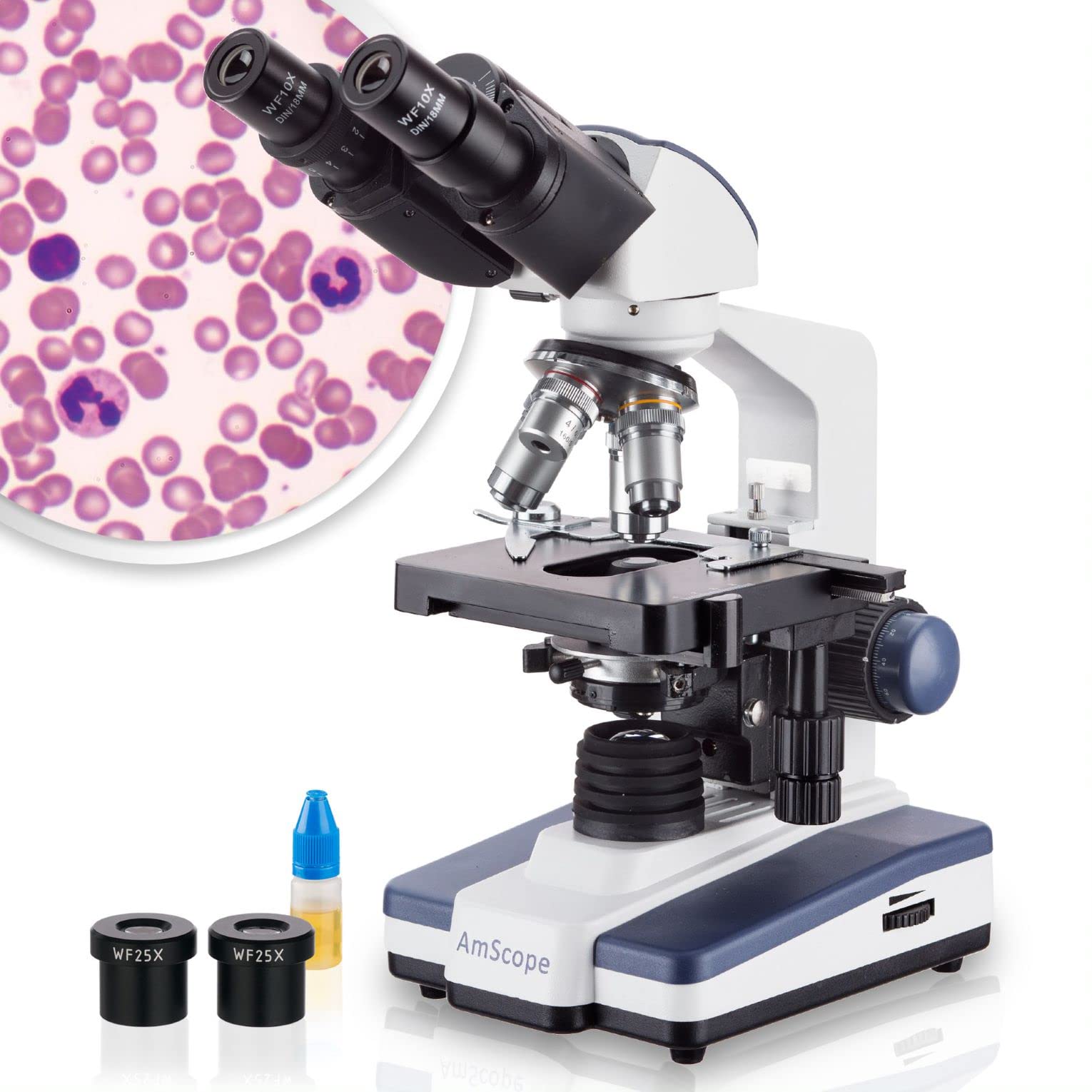 AmScope B120C Series Student & Professional LED Binocular Compound Microscope - 40X-2500X Magnification - Features Siedentopf Head & 3D Mechanical Stage