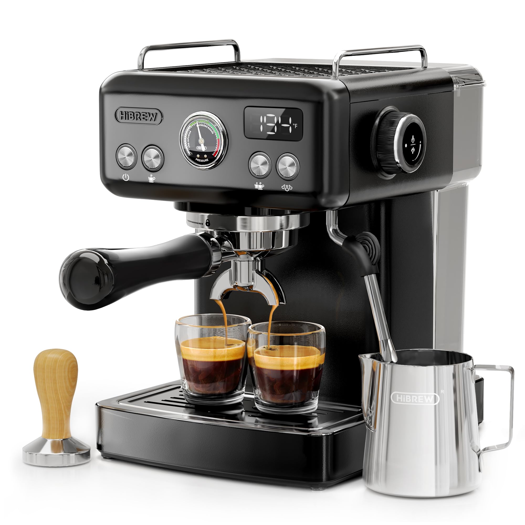 HiBREW H10A - Programmable Espresso Machine, Brushed Stainless Steel, Adjustable Temperature and Cup Volume, 1.8L Removable Water Tank, Steam Wand for Milk Frother