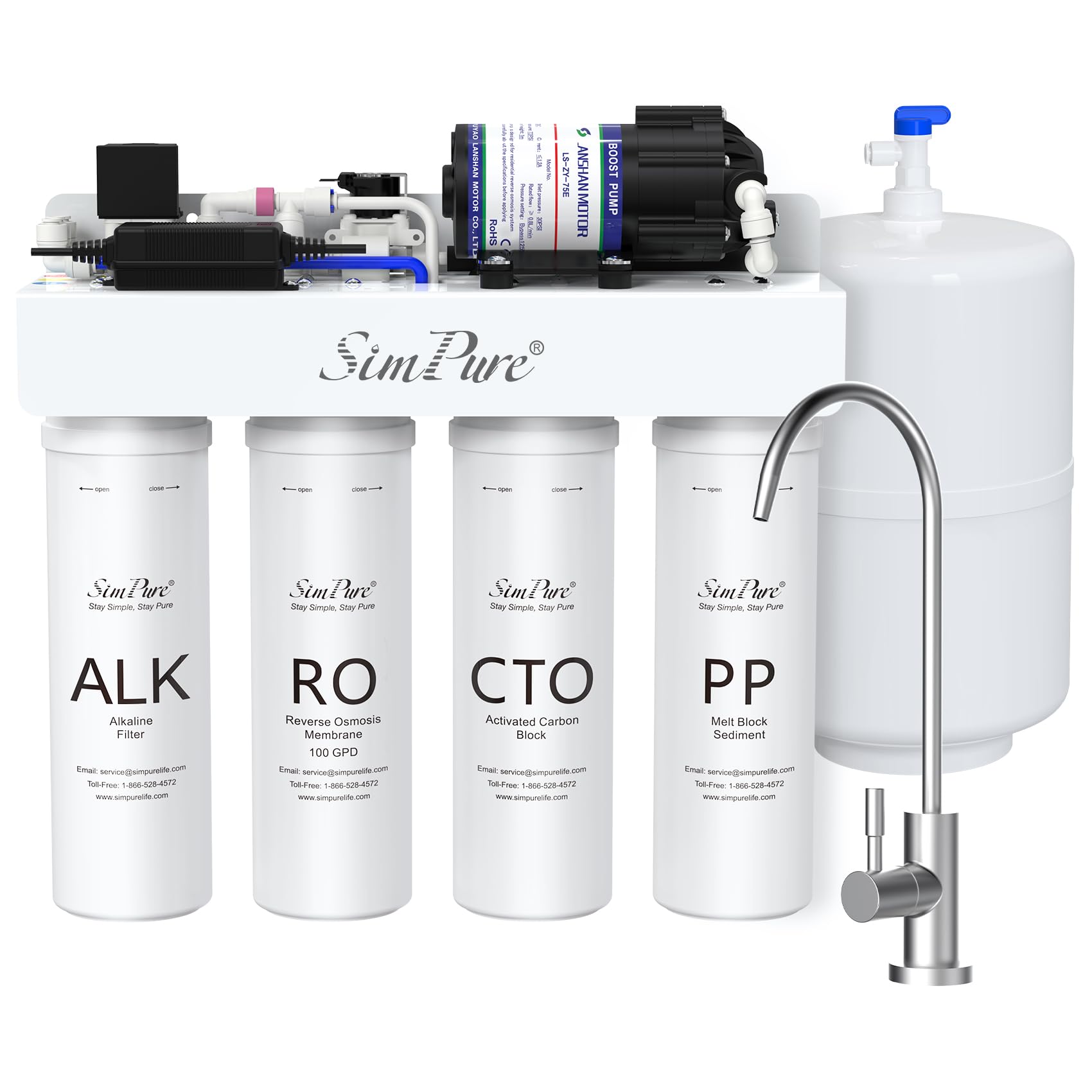 SimPure Alkaline Reverse Osmosis Water Filter, Mineral Reverse Osmosis System 8 Stage, NSF/ANSI 58 Certified, Under Sink RO Water Filtration System 100 GPD with Tank, Build in Pump, Reduce PFAS