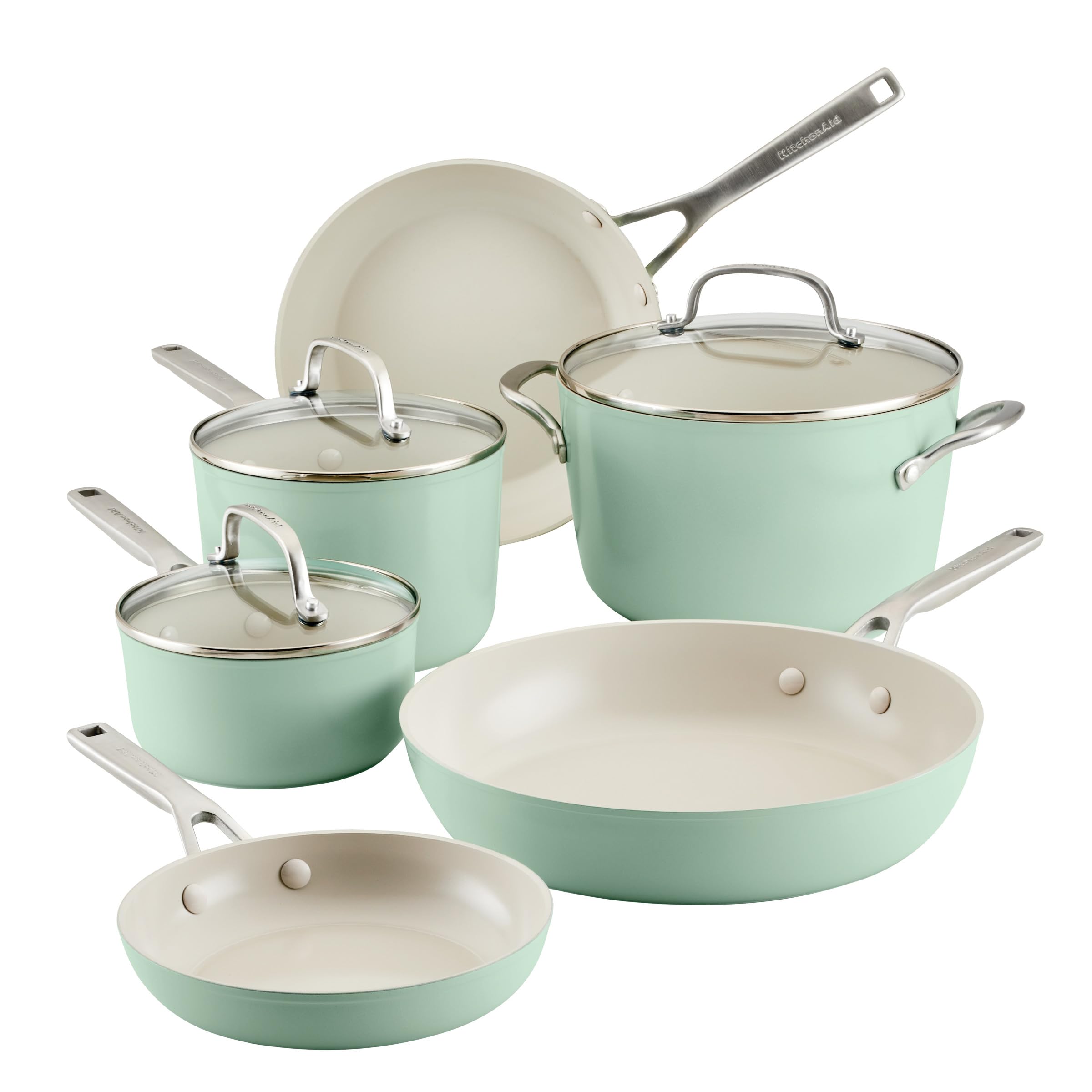 KitchenAid Hard Anodized Ceramic 9-Piece Nonstick Cookware Set – Includes Fry Pans, Saucepan, Stockpot, Durable, Even Heating, Oven Safe to 500°F, Pistachio