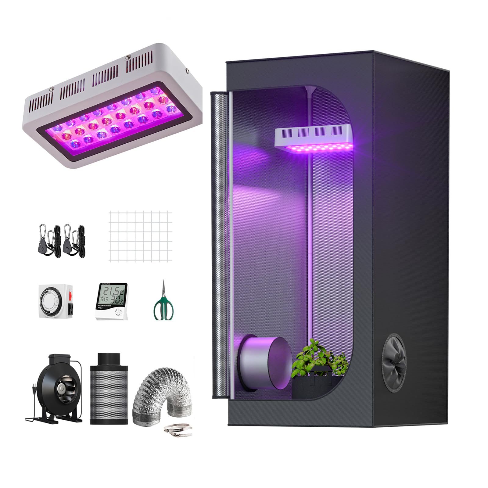 TopoGrow 2'X2' Grow Tent Complete Kit Setup 300W LED Grow Light Full-Spectrum Indoor Hydroponics 24"X24"X48" Grow Tent 4" Ventilation Kit with Hangers Hygrometer Shear Timer Trellis Netting Package