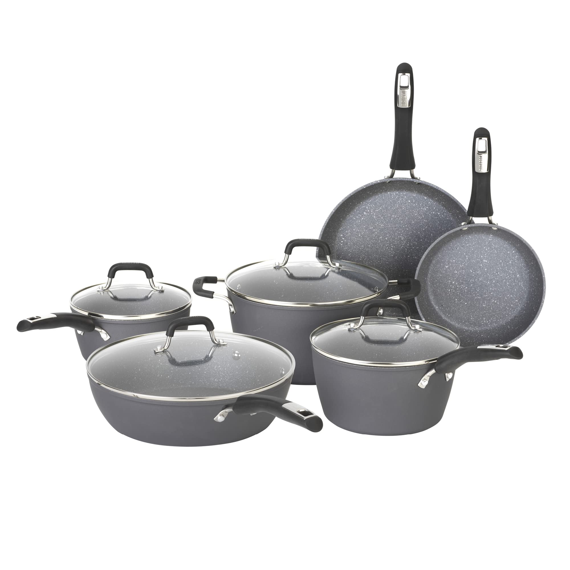 Bialetti Impact Textured Nonstick 10 Piece Oven-Safe Cookware Set, Gray - 10-Piece Set, Micro-Divot Textured Aluminum, Nanotec-Infused Nonstick Surface, Comfortable Silicone Handles, Oven-Safe