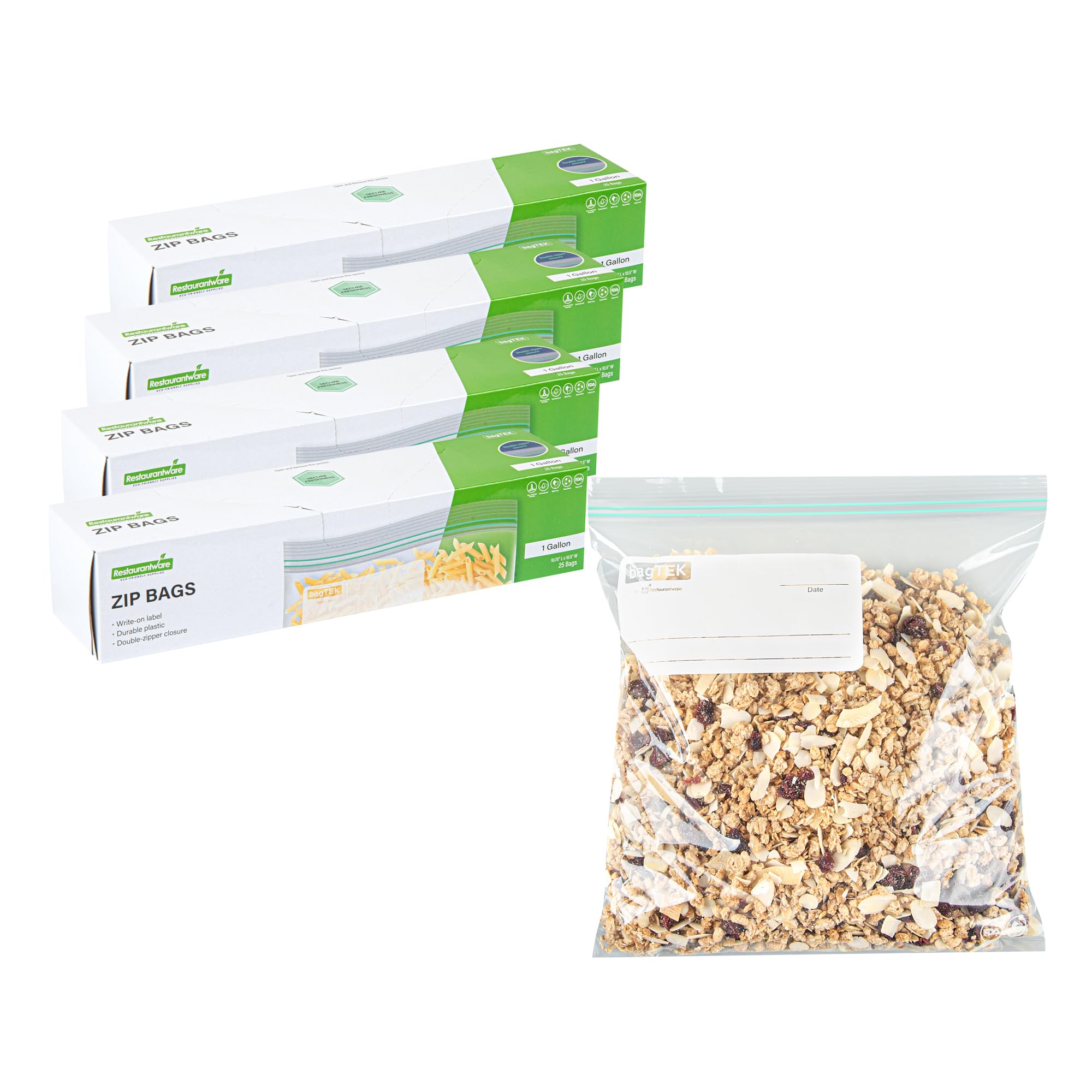 Restaurantware Bag Tek 1 Gallon Storage Zip Bags 1000 Disposable Zipper Pouch Bags - Double Zipper Greaseproof Clear Plastic Zip Bags With Write-On-Label For Food Organization And Storage