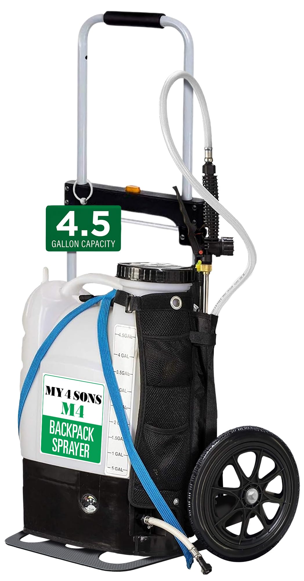 MY4SONS M4 4-Gallon Battery Backpack Sprayer - Cordless Sprayer with 14-Inch Wheels, Spray Pistol, Adjustable Wand, 15ft Hose, Secure Strap, Rechargeable Power Supply Included, for Lawn and Garden