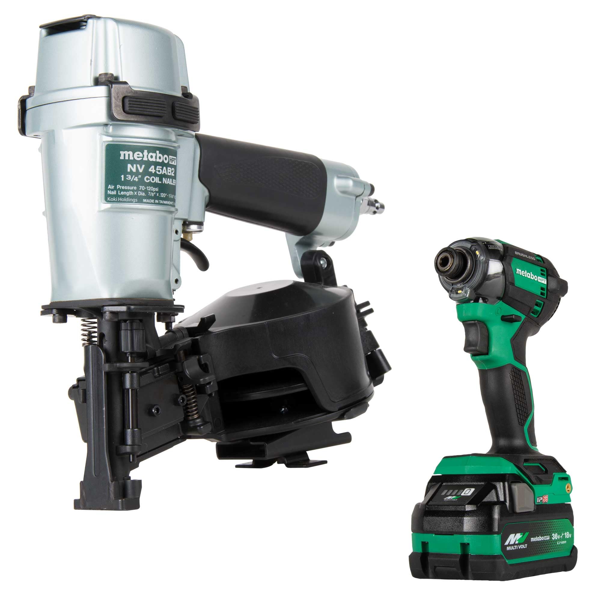 Metabo HPT Pneumatic Roofing Nailer + 18V Impact Driver Pro Bundle Kit, 1-3/4-Inch Coil Roofing Nailer with BONUS 18V Triple Hammer Impact Driver Kit, KNV45AB2