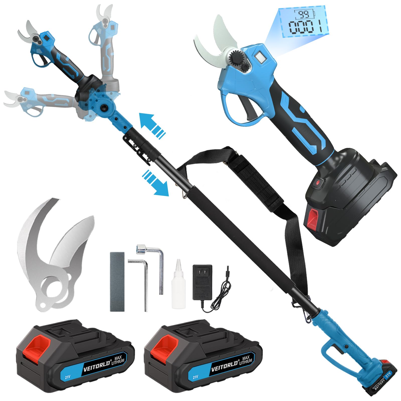 VEITORLD 2-IN-1 Cordless Electric Pole Pruning Shears, 15ft Reach, 1.2" Cutting Diameter, Battery Powered with 2x 2000mAh, Brushless Motor for Efficient Garden Tree Trimming, Branch Cutting（Blue）