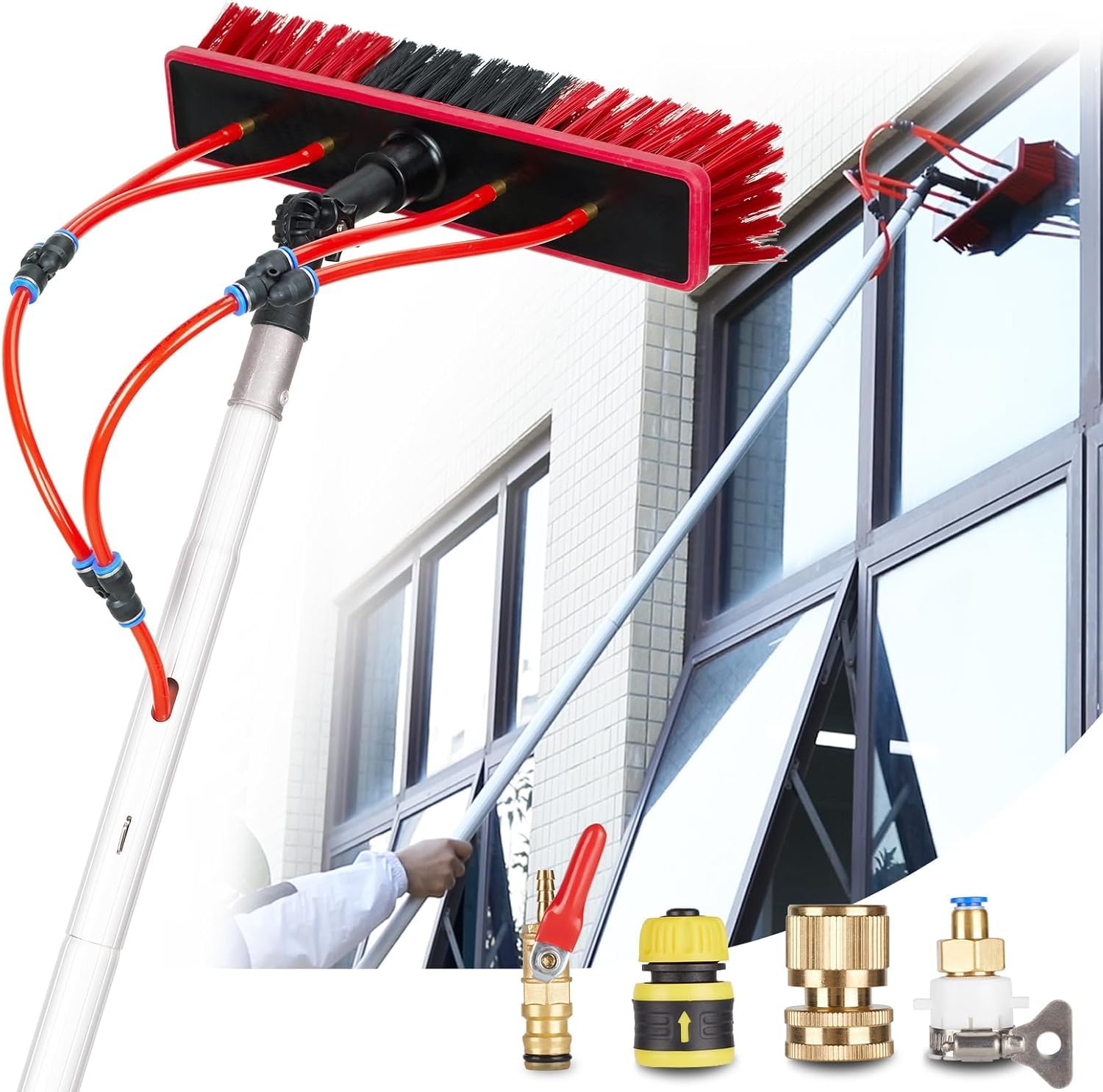 ZKUAOGDI 26 FT Solar Panel Cleaning Kit, Window Cleaning System, 20M Hose & Rotating BrushHead, Washing Equipment Window Cleaner Tool Water Fed Pole Kit for Roof Caravan Solar Panel